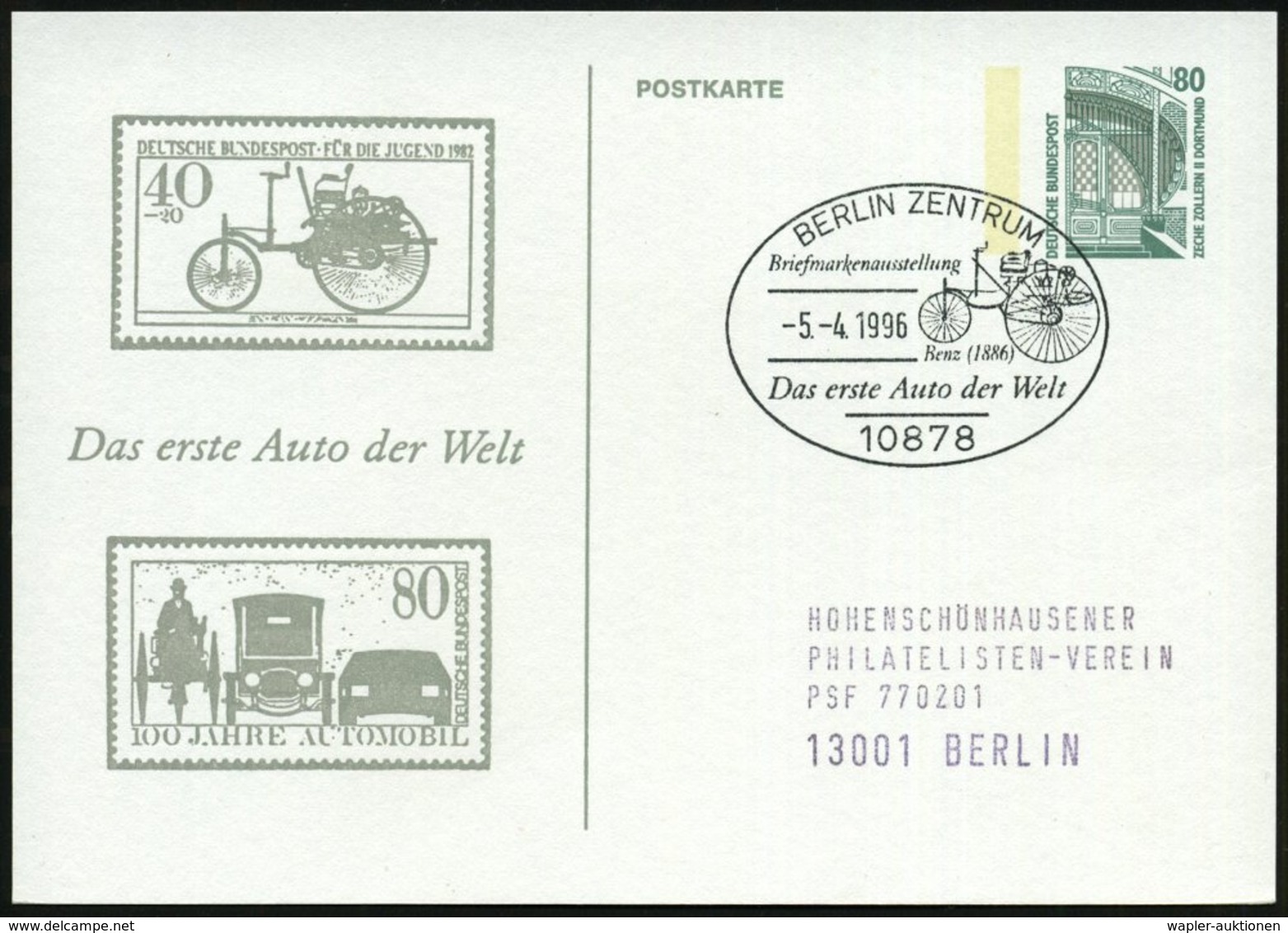 1996 (5.4.) PP 80 Pf. Bauwerke: Das Erste Auto Der Welt = Benz Motorkutsche + Motivgleicher Sonderstempel: 10878 BERLIN  - Other & Unclassified