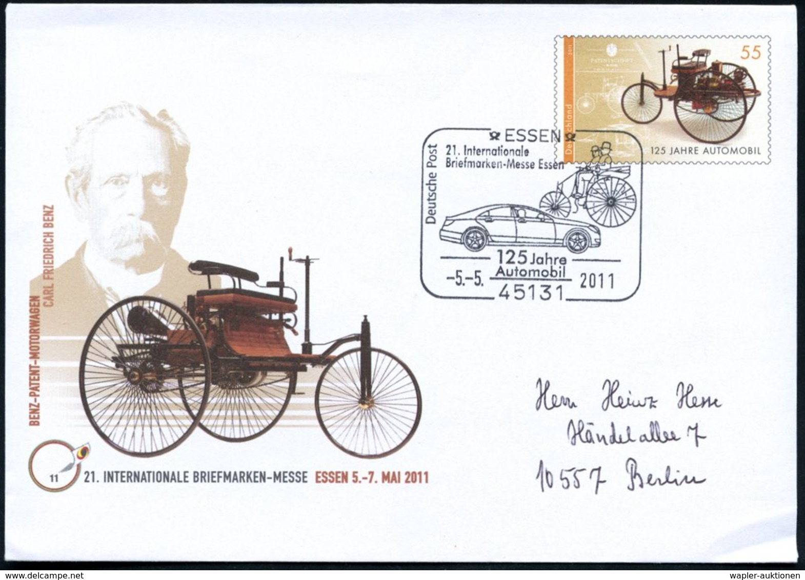 2011 (5.5.) 45131 ESSEN, Sonderganzsachenumschlag 55 C. Benz-Patent-Motorkutsche (125 Jahre Automobil) + Passender Sonde - Sonstige & Ohne Zuordnung