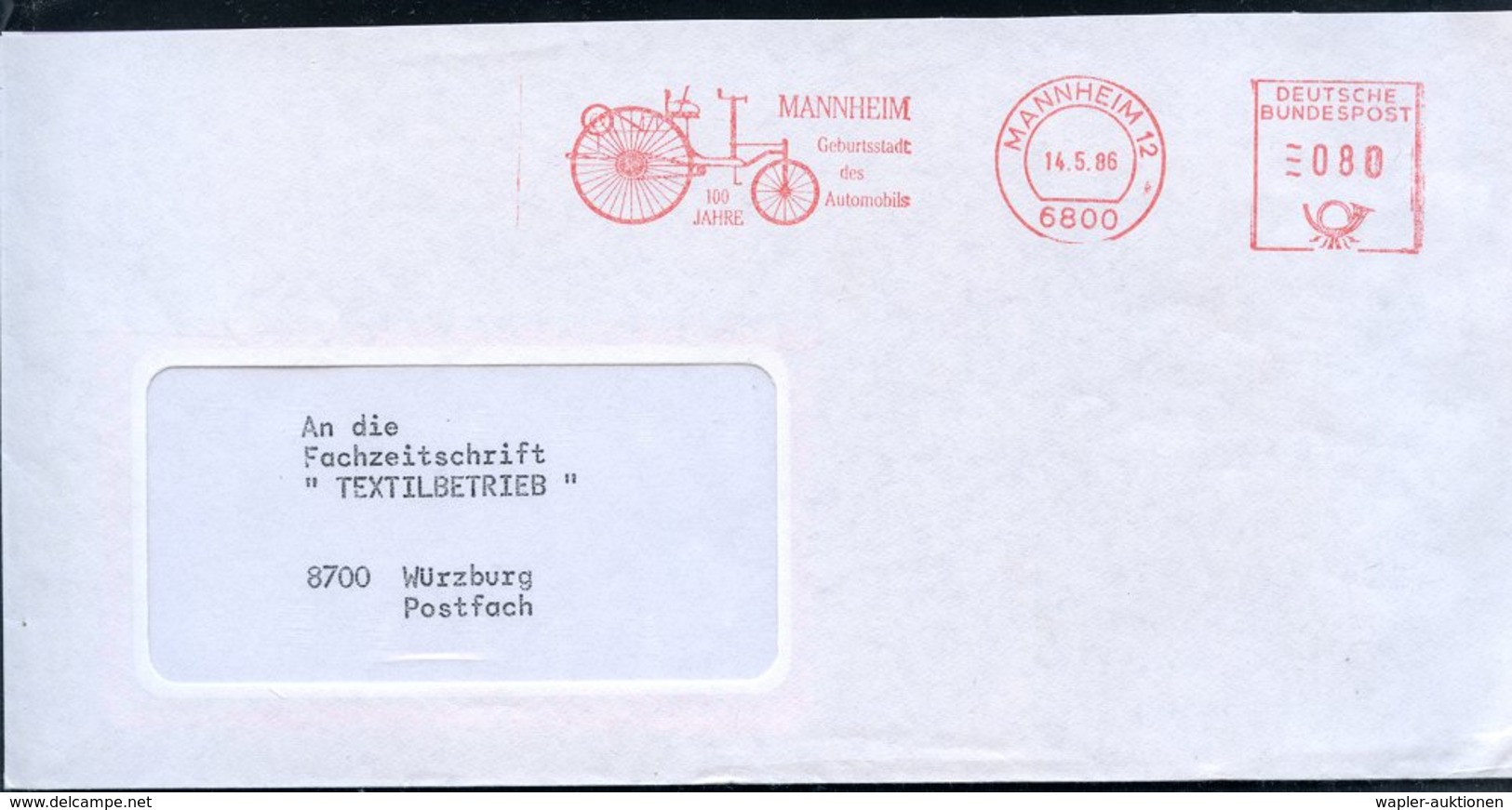 1986 6800 MANNHEIM 12, Absender-Freistempel 100 Jahre Automobil (= Benz-Motorkutsche), Inl.-Brief - Autopioniere & Oldti - Other & Unclassified