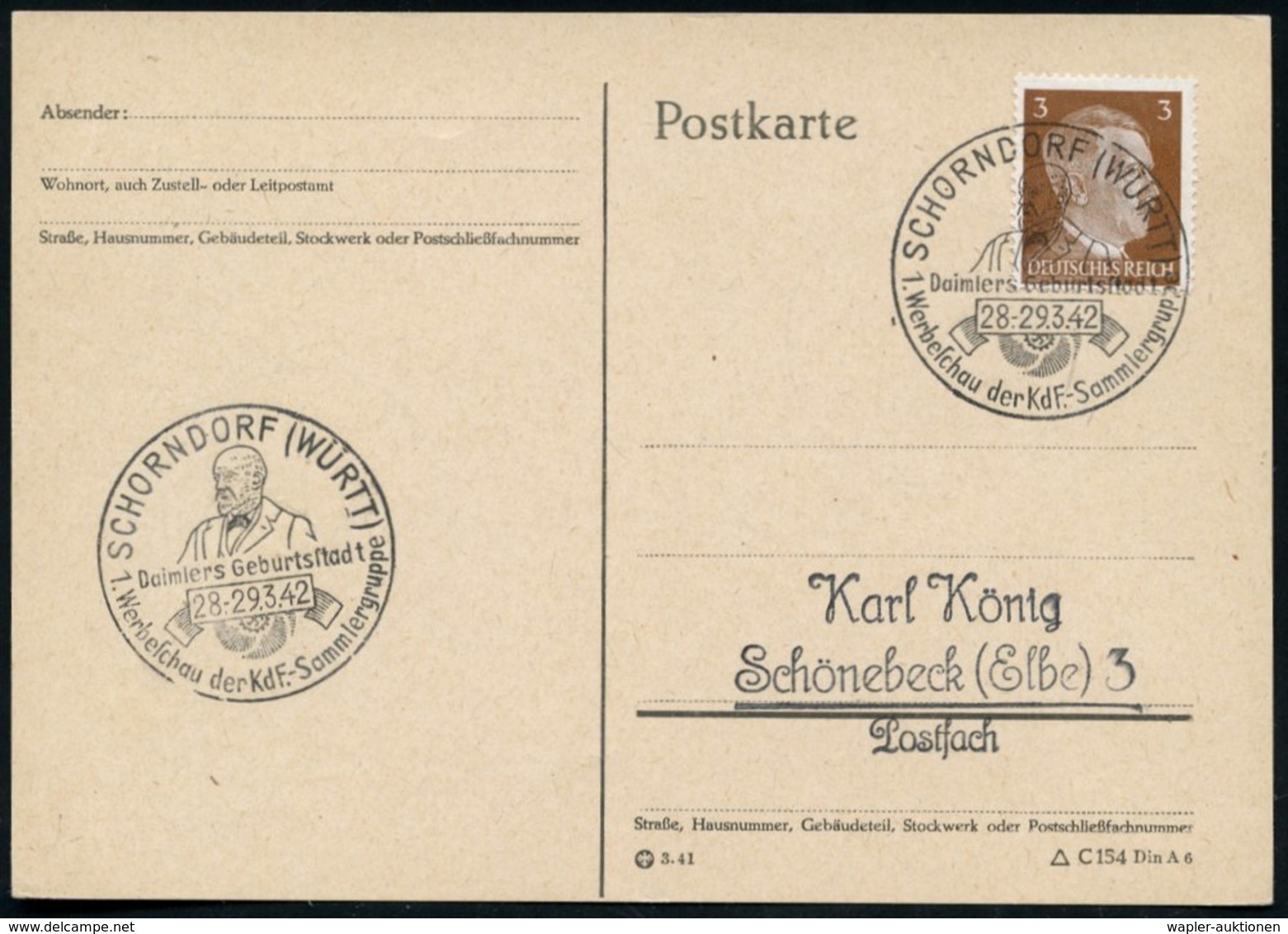 1942 (März) SCHORNDORF (WÜRTT), Sonderstempel G. Daimler (Brustbild) KdF-Sammlerschau, Inl.-Karte (Bo.9) - Autopioniere  - Andere & Zonder Classificatie