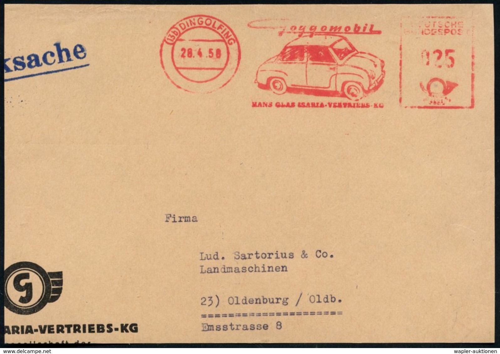 1958 (28.4.) (13 B) DINGOLFING, Absender-Freistempel Goggomobil Auf Teil-Vorderseite - Deutsche Automobil-Hersteller / G - Other & Unclassified