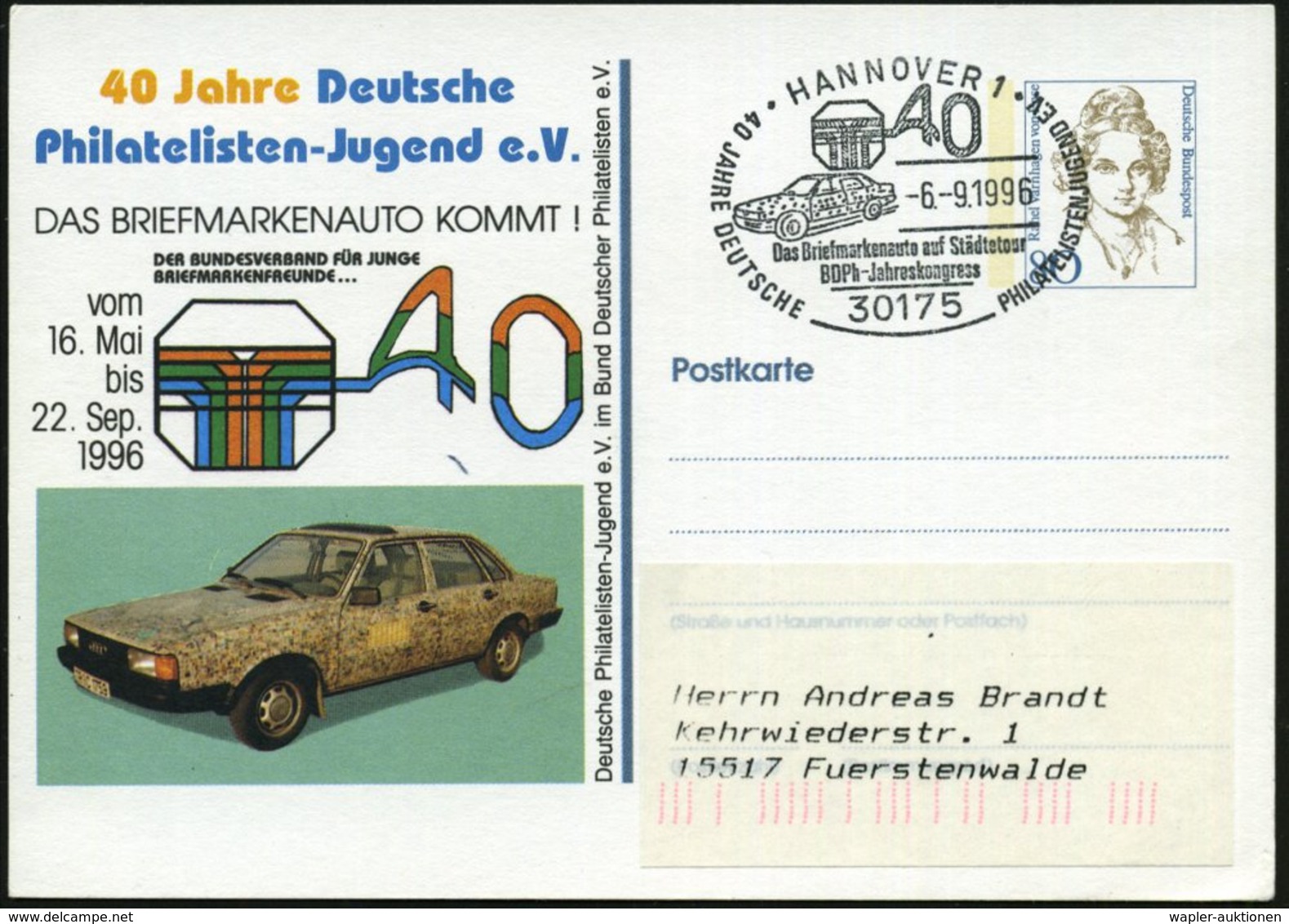 1996 (6.9.) 30175 HANNOVER 1, PP 80 Pf. Frauen: 40 Jahre Deutsche Philatel.-Jugend = Mit Briefmarken Beklebter Audi + Mo - Altri & Non Classificati