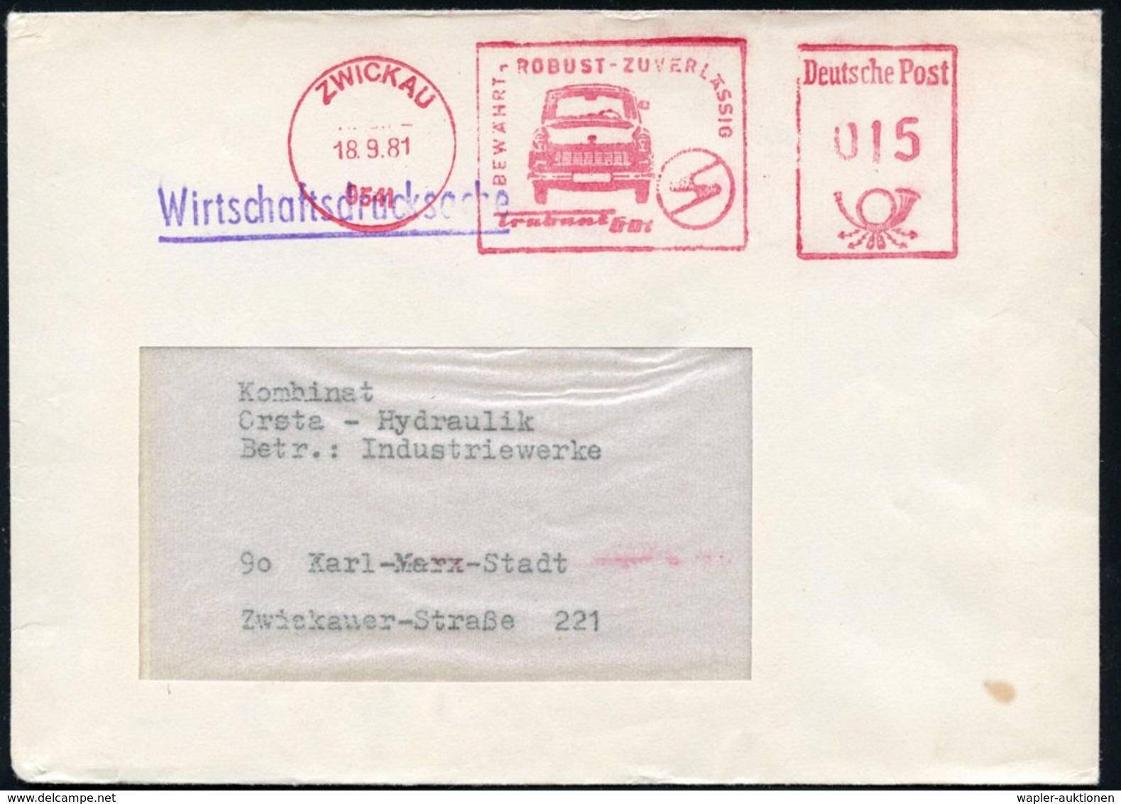 1981 9541 ZWICKAU, Absender-Freistempel Mit Vierstelliger PLZ: Trabant 601 (PKW "Trabant"), Inl.-Brief - Deutsche Automo - Other & Unclassified