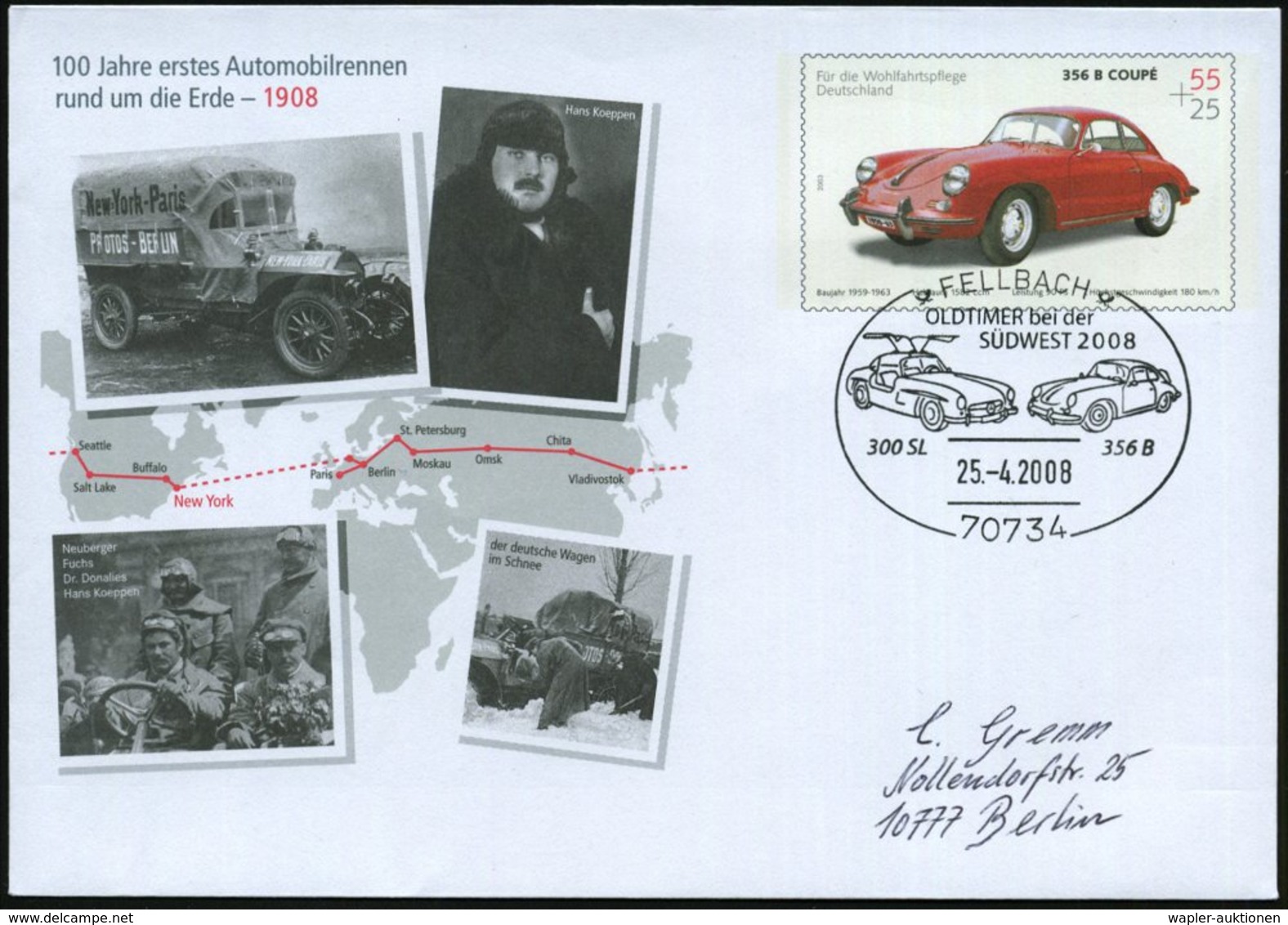 2008 (25.4.) 70734 FELLBACH, Sonderstempel Oldtimer Mit Mercedes 300 SL U. Porsche 356 B Auf Sonderganzsachen-Umschlag 5 - Other & Unclassified