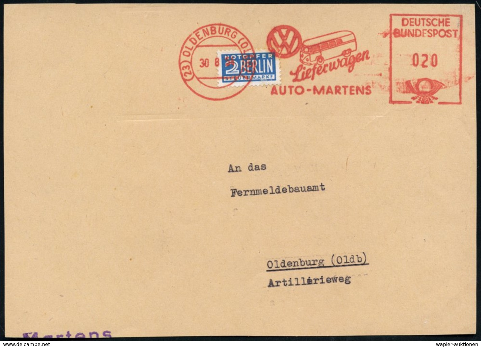 1954 (30.8.) (23) OLDENBURG, Absender-Freistempel Fa. Martens Mit VW-Bus ("Bully"), Bedarfs-Vorderseite - Volkswagen / K - Other & Unclassified