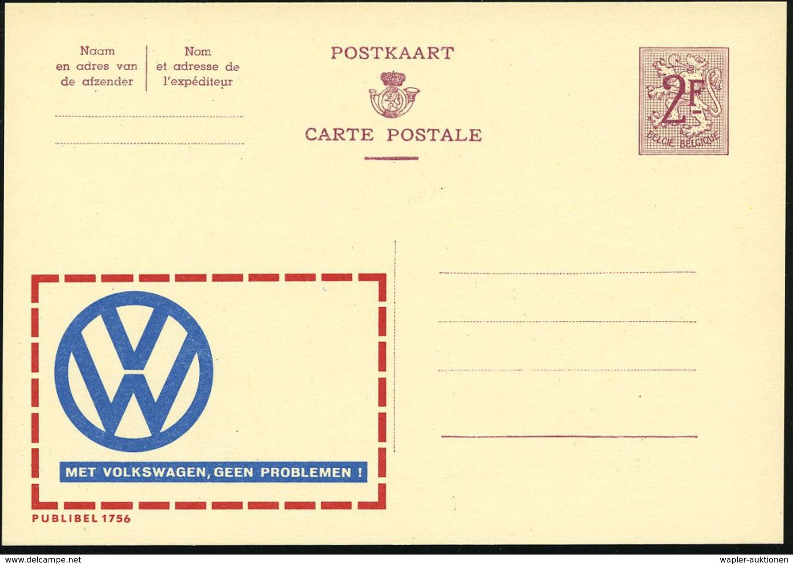 1959 BELGIEN, 2,00 F. Publibel: VW (flämischer Text) Mit VW-Logo, Ungebr. (Mi.P 319 II / 1756) - Volkswagen / K.d.F.-Wag - Other & Unclassified