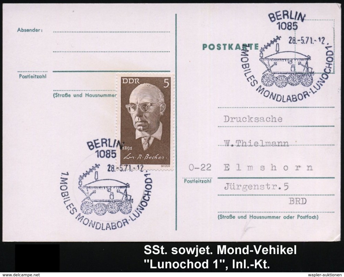 1971 (28.5.) 1085 BERLIN, Sowjet., Mobiles Mondlabor "Lunochod 1" (Mond-Erkundungswagen) Mit Antenne, Inl.-Karte - LKW / - Other & Unclassified