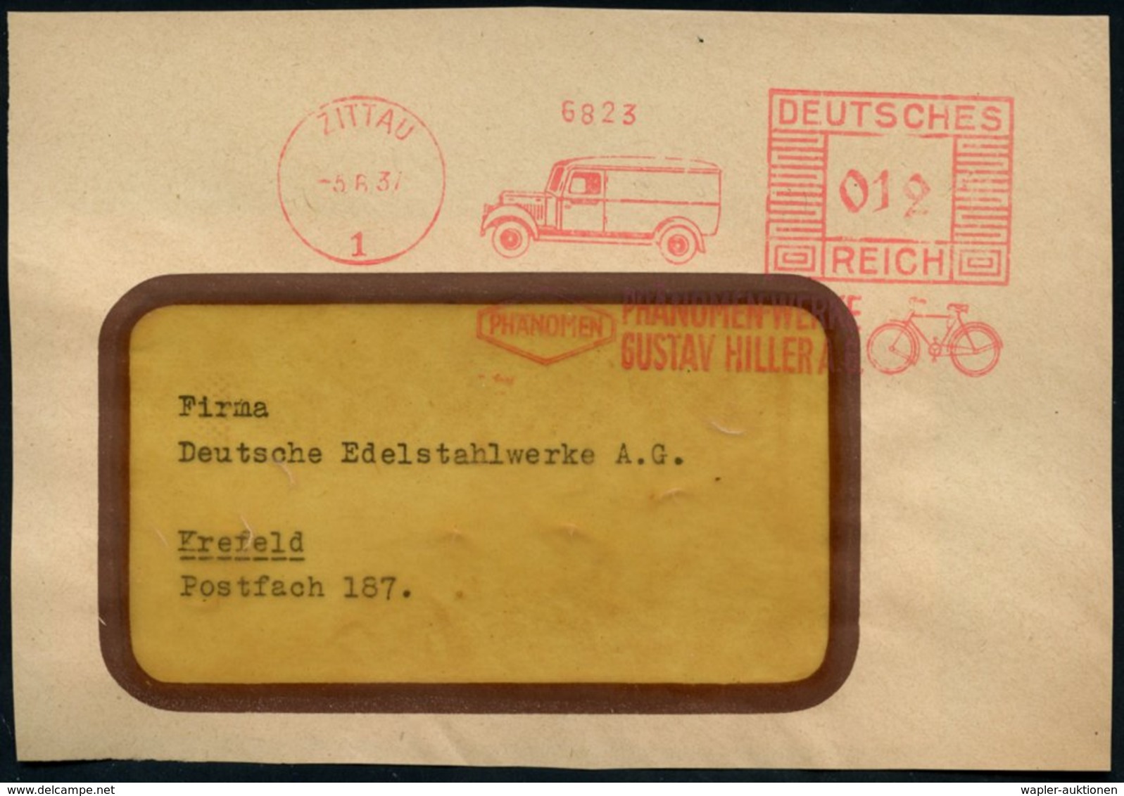 1937 (5.6.) ZITTAU 1, Absender-Freistempel Phänomen-Werke (Gustav Hiller) Mit Klein-LKW U. Fahrrad, Bedarfs-Vorderseite  - Other & Unclassified