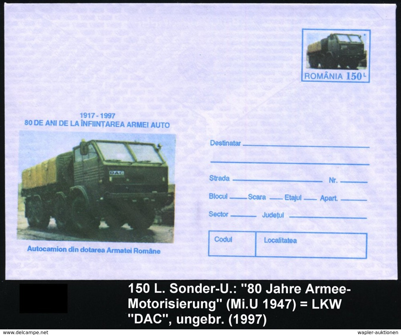 1997 RUMÄNIEN, 150 L. Sonderganzsachen-Umschlag Militär-LKW "DAC", Ungebr. (Mi.U 1947) - LKW / Truck & Lorry / Camion /  - Other & Unclassified