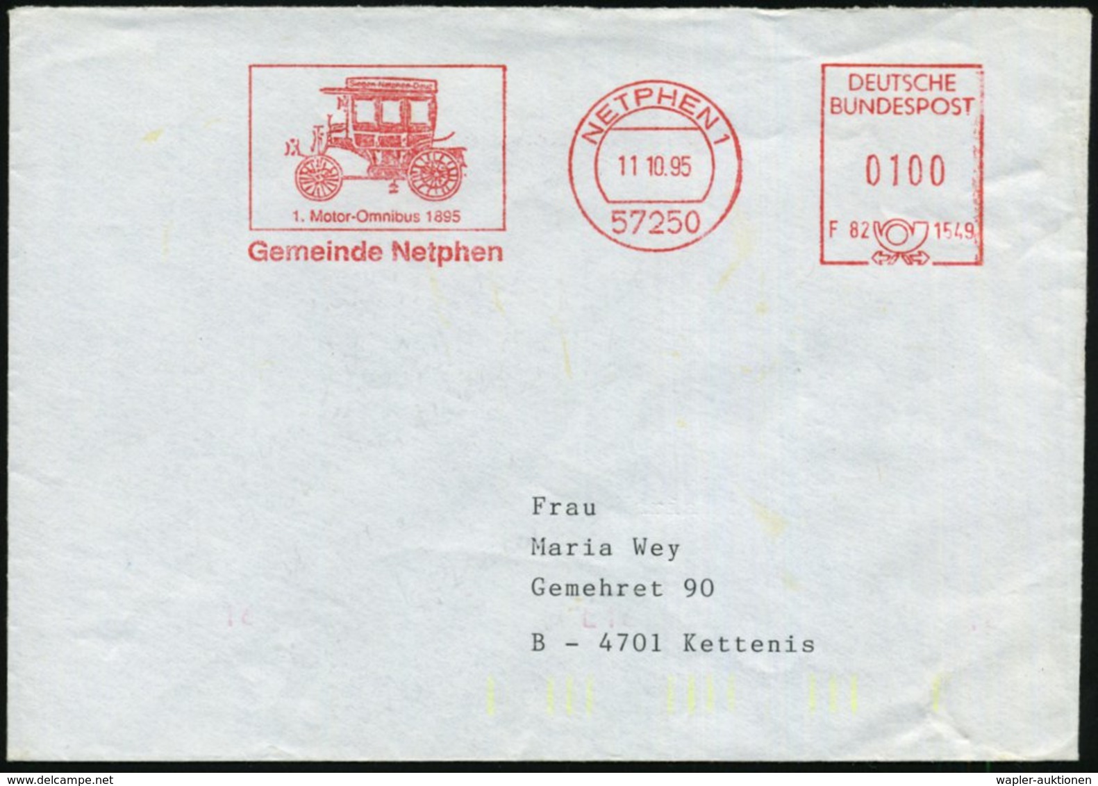 1995 (11.10.) 57250 NETPHEN, Kommunaler Absender-Freistempel 1. Motor-Omnibus Von 1895, Ausl.-Brief - Omnibus / Bus / Au - Other & Unclassified