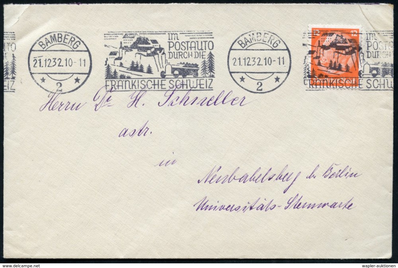 1932 (21.12.) BAMBERG 2, Band-Maschinenwerbestempel (Kabrio-Omnibus In Der Fränk. Schweiz), Bedarfsbrief (Bo.7 Bd.) - Kr - Other & Unclassified