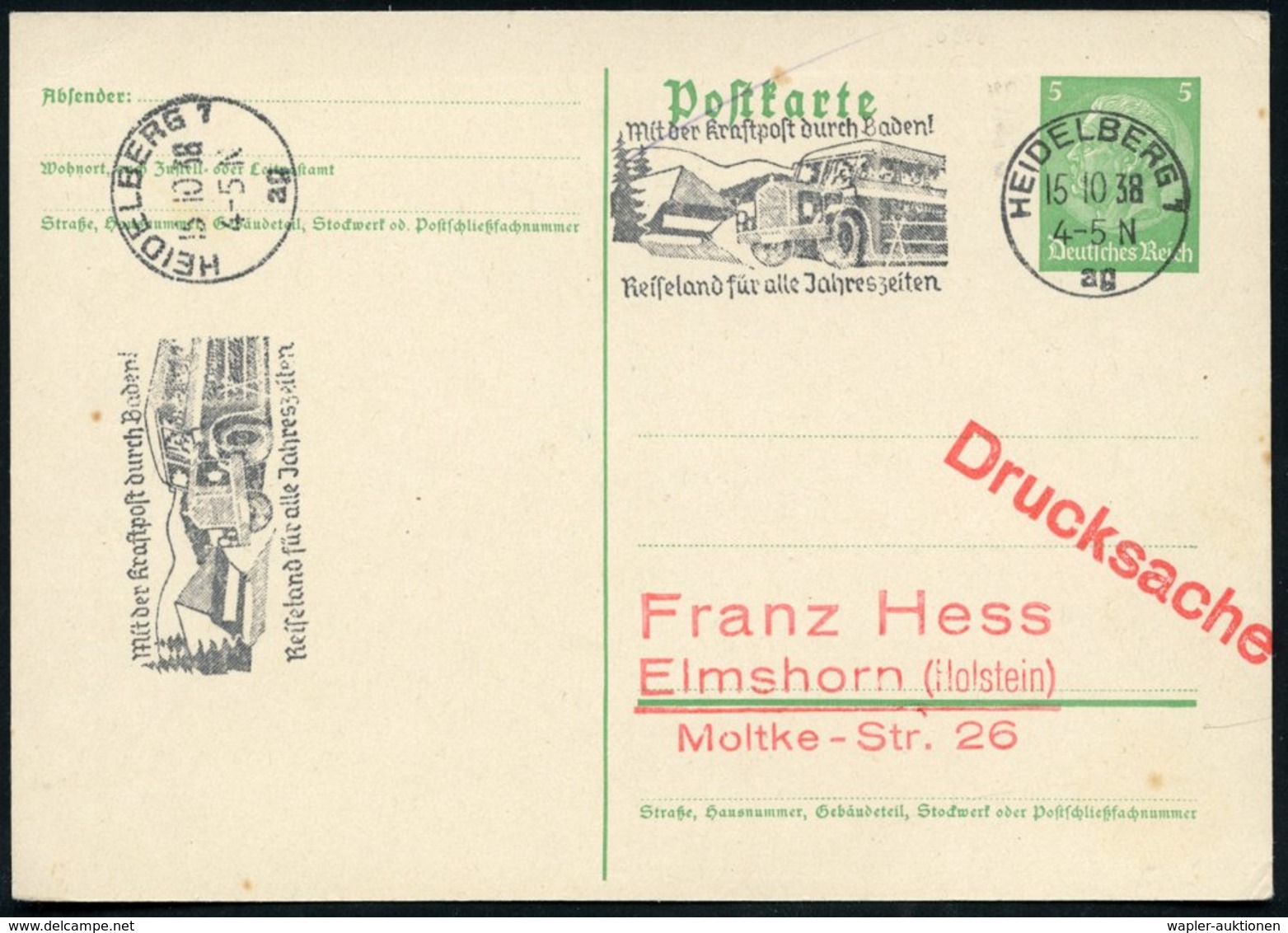 1938 (15.10.) HEIDELBERG 1, Maschinen-Werbestempel Kraftpostbus Mit UB "ag", Inl.-Karte (Bo.S 299 A , Nur In 2 Orten Ver - Andere & Zonder Classificatie