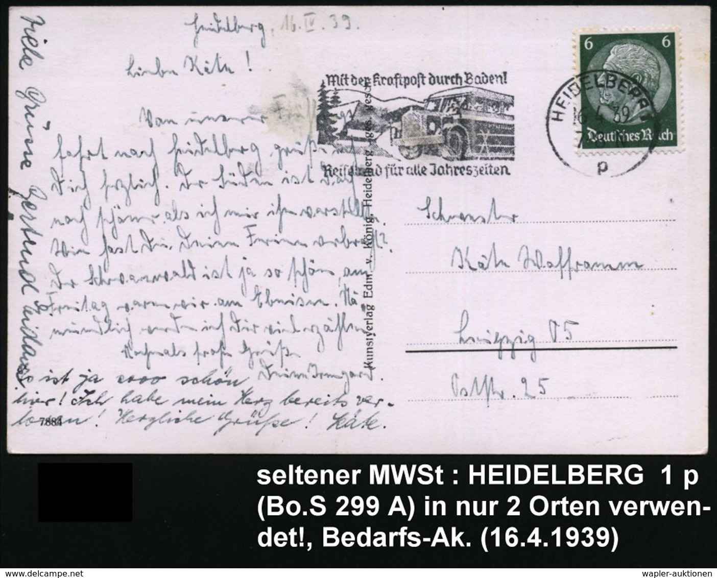 1939 (16.4.) HEIDELBERG 1, Maschinen-Werbestempel Kraftpostbus Mit UB "p", S/w.-Foto-Ak.: Frühling In Heidelberg (Bo.S 2 - Autres & Non Classés