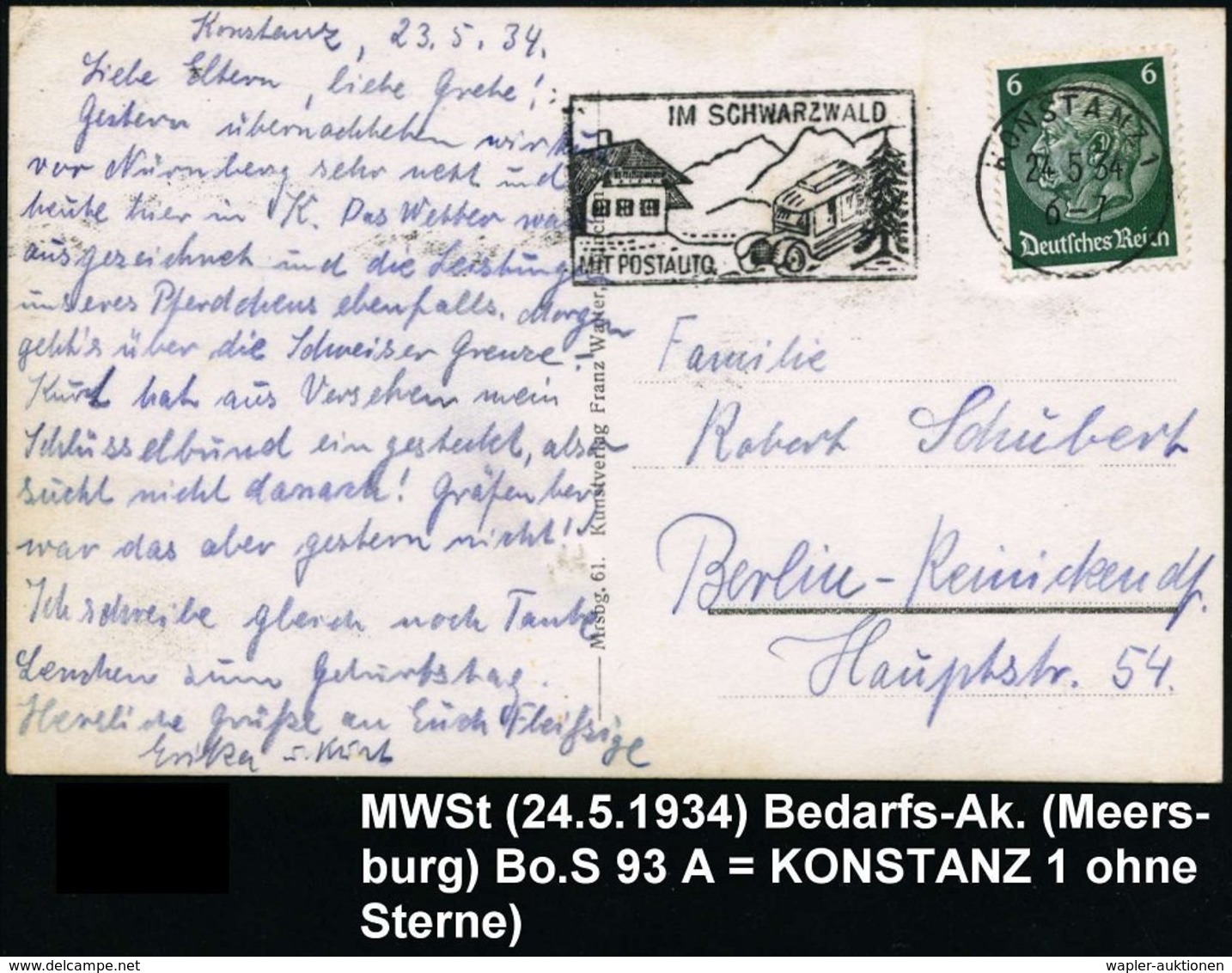 1934 (24.5.) KONSTANZ 1, Kraftpost-Maschinen-Werbestempel (Schwarzwald) Auf S/w.-Foto-Ak.: Meersburg (Bo.S 94 A) - Kraft - Other & Unclassified