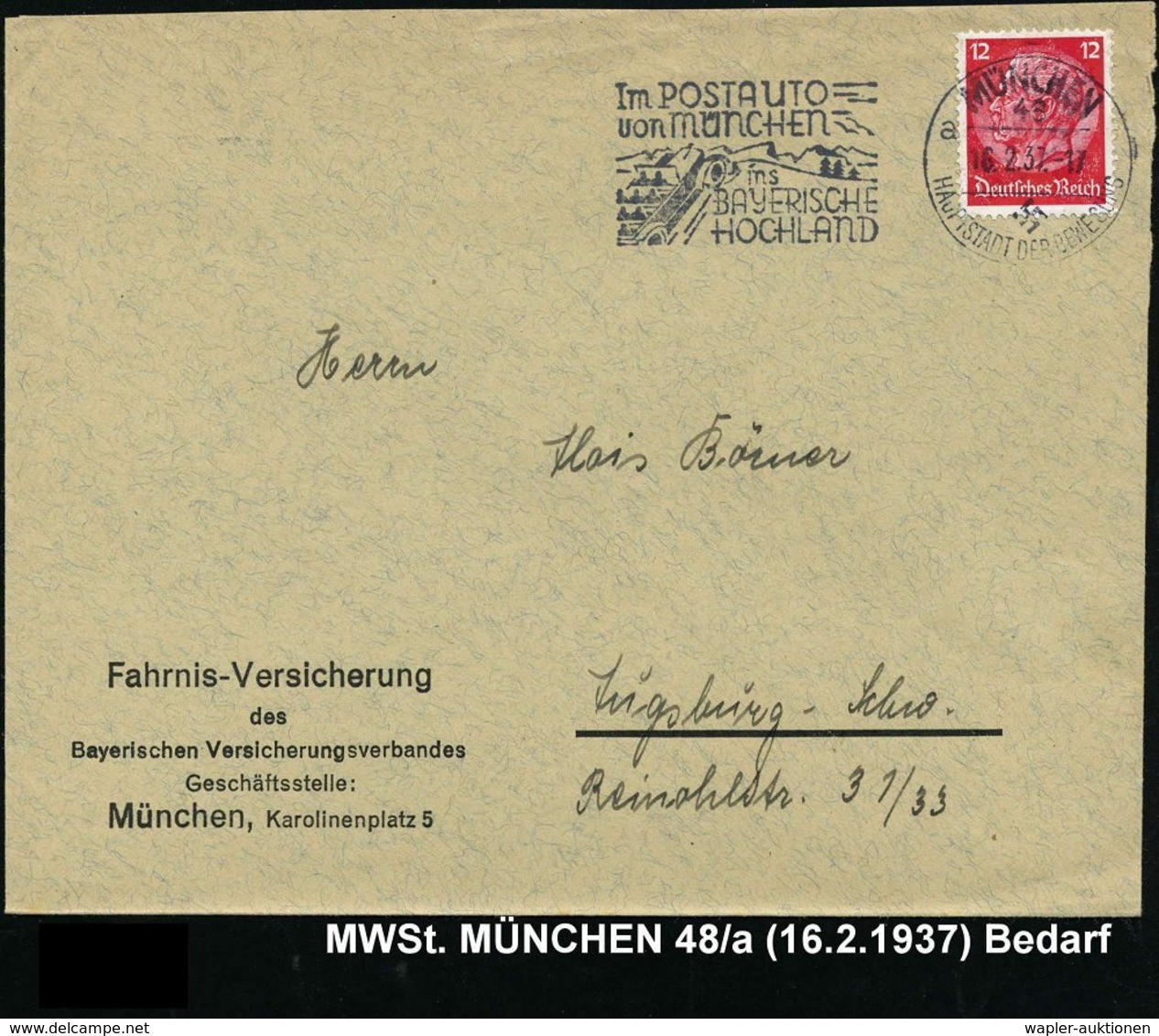 1936 MÜNCHEN 48, Kraftpost-Maschinen-Werbestempel Mit UB "a" (Kabrio-Omnibus Im Hochland), Bedarfsbrief (Bo.63 A, PA 48) - Other & Unclassified