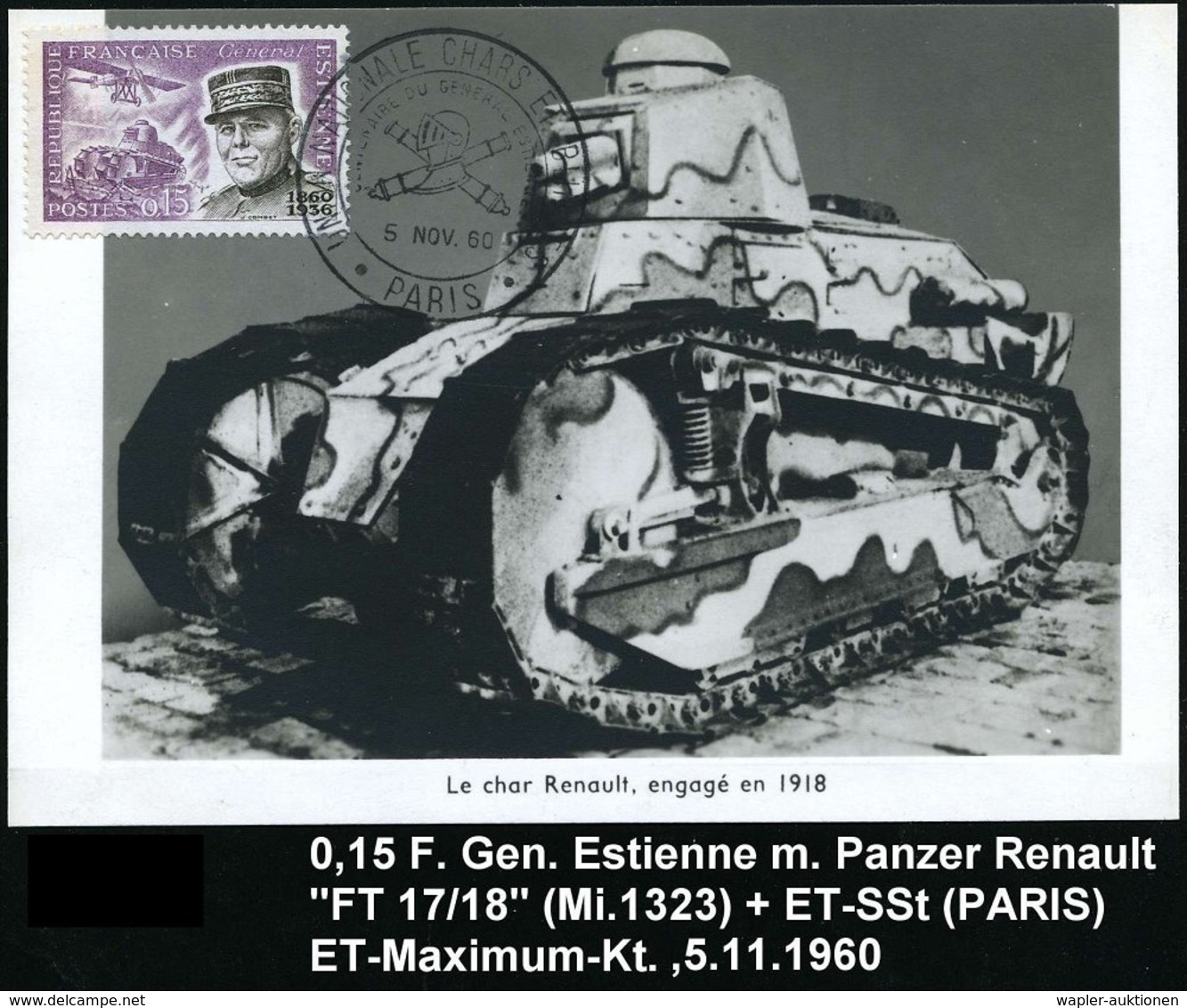1960 FRANKREICH, 0,15 F. General Estienne Mit Renault-Panzer "Mosquito FT 17/ 18" + ET-Sonderstempel PARIS Auf Maximumka - Andere & Zonder Classificatie