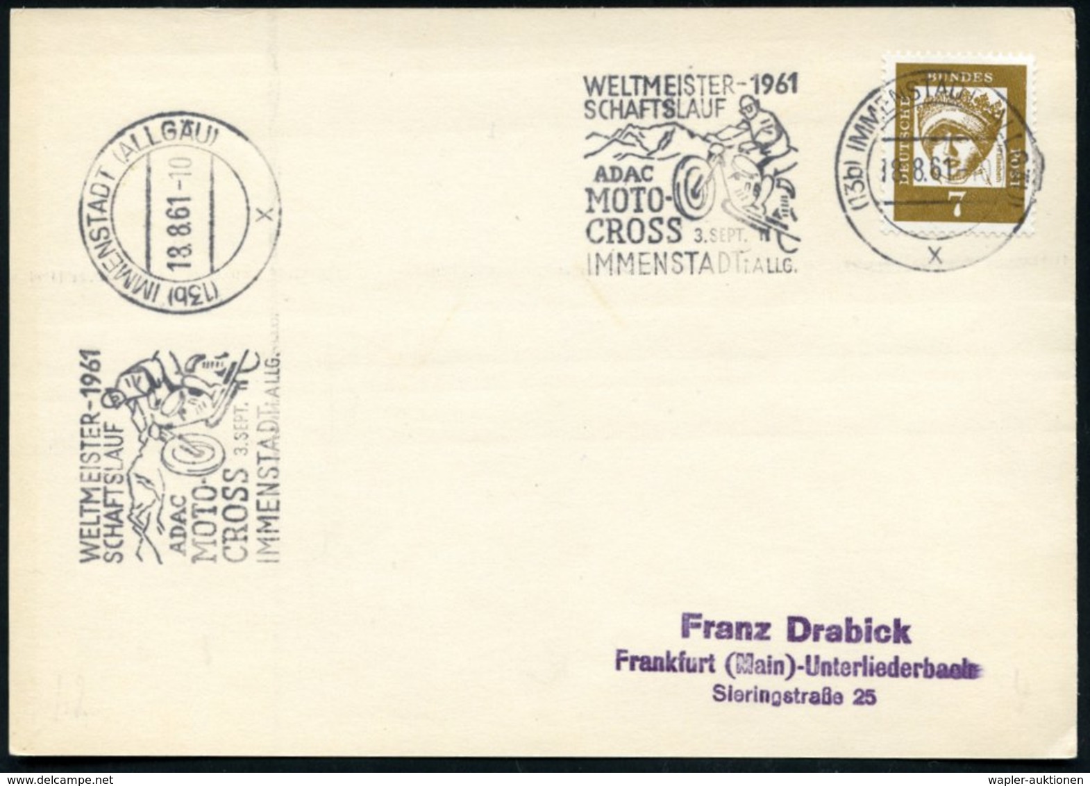 1961 (18.8.) (13 B) IMMENSTADT, Maschinen-Werbestempel ADAC Motocross-WM, Inl.-Karte (Bo.4 A) - Motorrad & Zubehör / Mot - Other & Unclassified