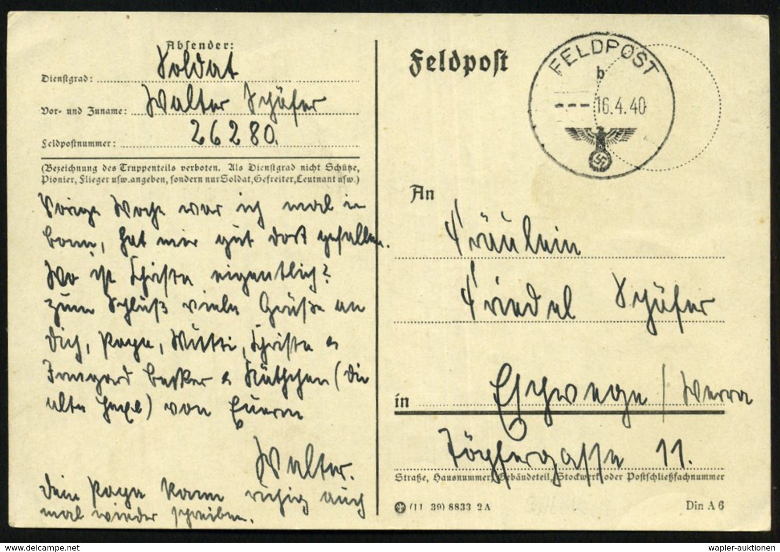 1940 (16.4.) DEUTSCHES REICH, Feldpostkarte Der Feldpost-Nr. 26 280 = 3. Komp. Kradschützen Batl. 7 - Motorrad & Zubehör - Other & Unclassified