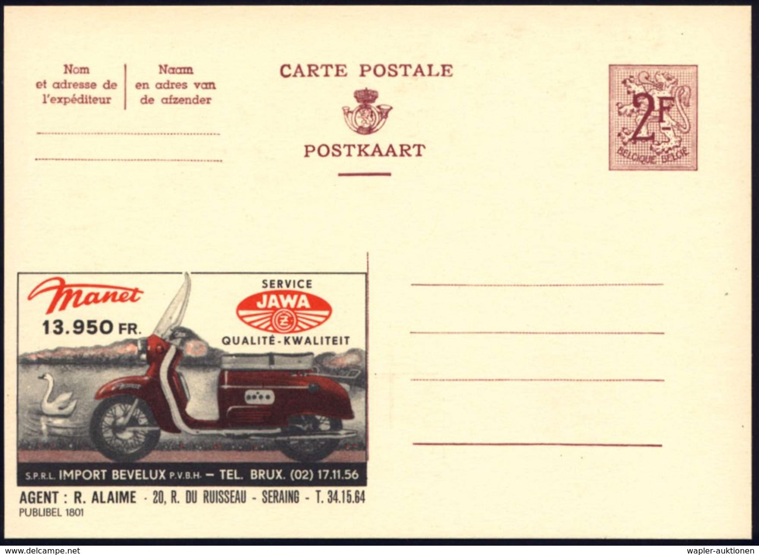 1959 BELGIEN, 2 F. Publibel: Tschechischer JAWA-Motorroller, Agent R. Alaime, Seraing, Ungebr. (Mi.P 319 I/1801) - Motor - Other & Unclassified