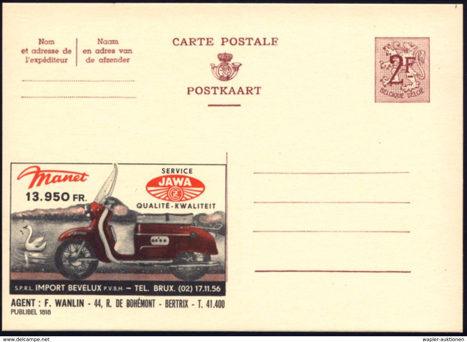 1959 BELGIEN, 2 F. Publibel: Tschechischer JAWA-Motorroller, Agent: Delta-Sport, Lokeren, Ungebr. (Mi.P 319 II / 1803) - - Other & Unclassified