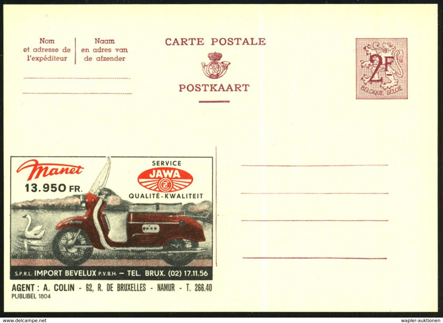 1959 BELGIEN, 2 F. Publibel: Tschechischer JAWA-Motorroller, Agent: A. Colin, Namur, Ungebr. (Mi.P 319 I / 1804) - Motor - Autres & Non Classés