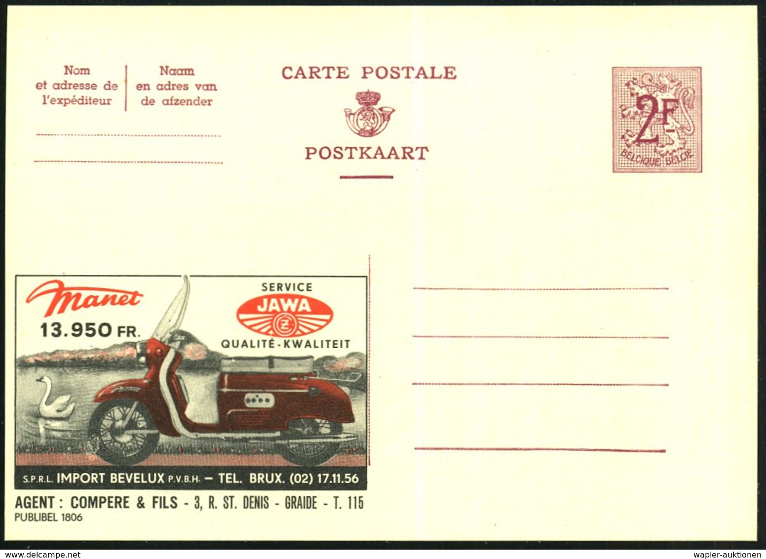 1959 BELGIEN, 2 F. Publibel: Tschechischer JAWA-Motorroller, Agent: Compere & Fils, Graidel, Ungebr. (Mi.P 319 I / 1806) - Other & Unclassified