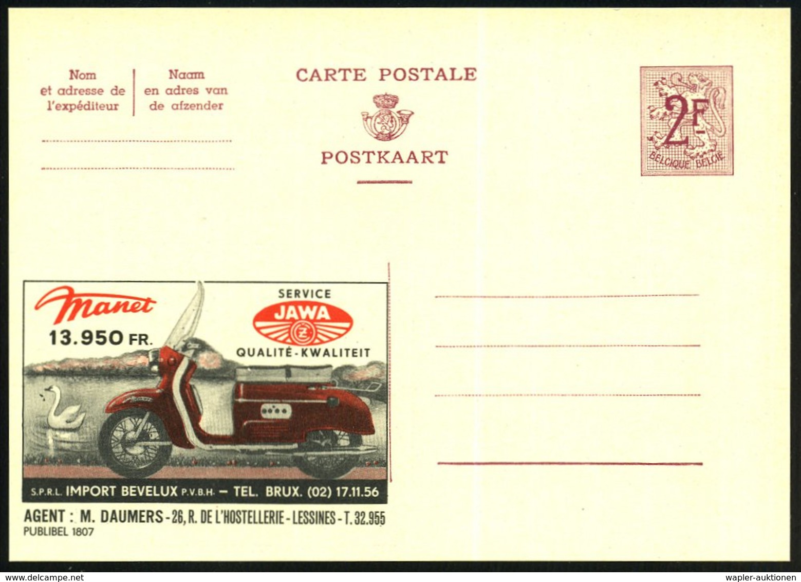 1959 BELGIEN, 2 F. Publibel: Tschechischer JAWA-Motorroller, Agent: M. Daumers, Lessinesl, Ungebr. (Mi.P 319 I / 1807) - - Other & Unclassified