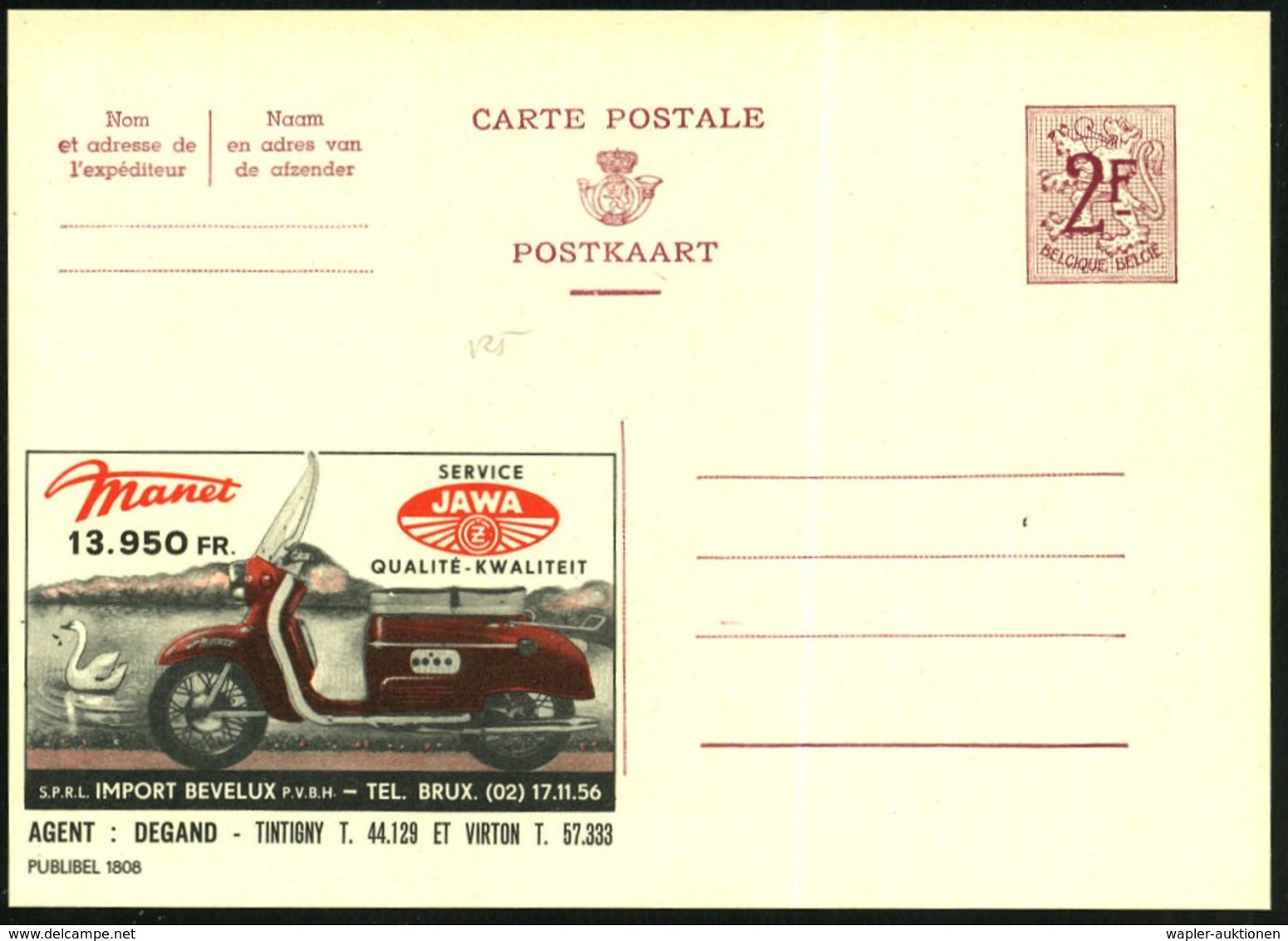 1959 BELGIEN, 2 F. Publibel: Tschechischer JAWA-Motorroller, Agent: Degand, Virton, Ungebr. (Mi.P 319 I / 1808) - Motorr - Autres & Non Classés