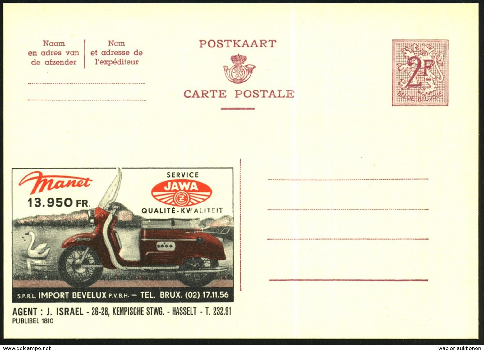 1959 BELGIEN, 2 F. Publibel: Tschechischer JAWA-Motorroller, Agent: J. Israel, Hasselt, Ungebr. (Mi.P 319 II / 1810) - M - Other & Unclassified