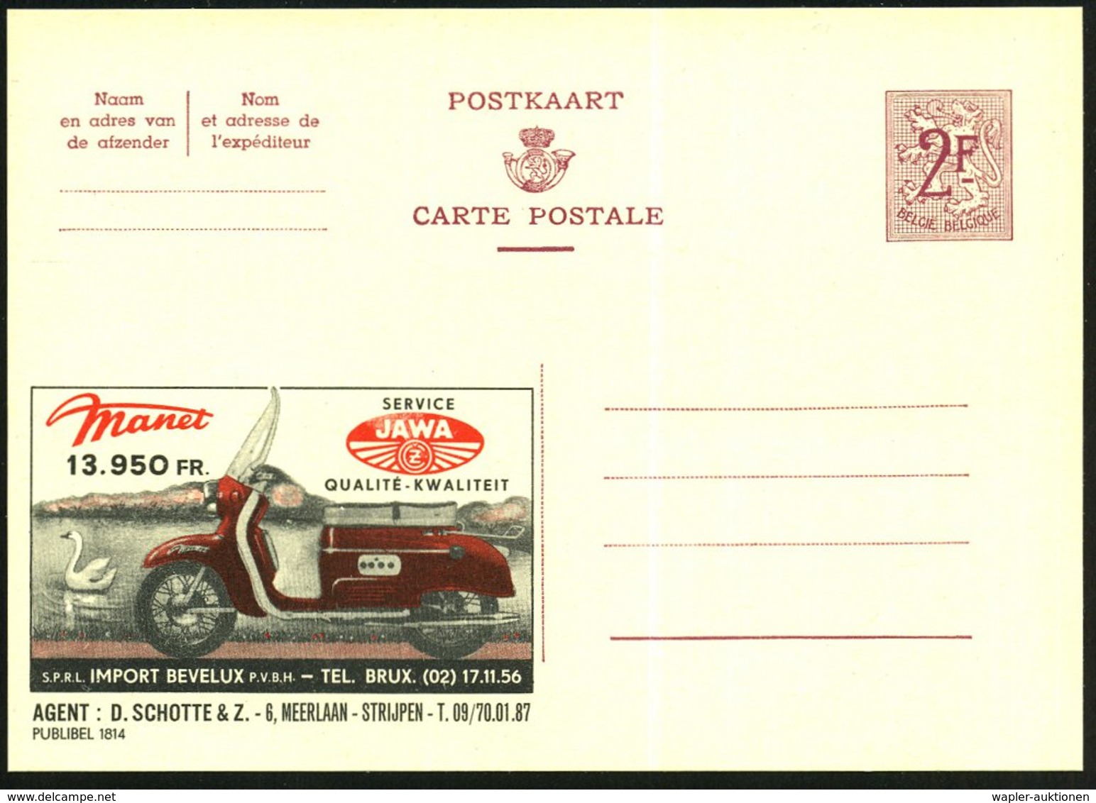 1959 BELGIEN, 2 F. Publibel: Tschechischer JAWA-Motorroller, Agent: D. Schotte & Z., Strijpen, Ungebr. (Mi.P 319 II / 18 - Autres & Non Classés