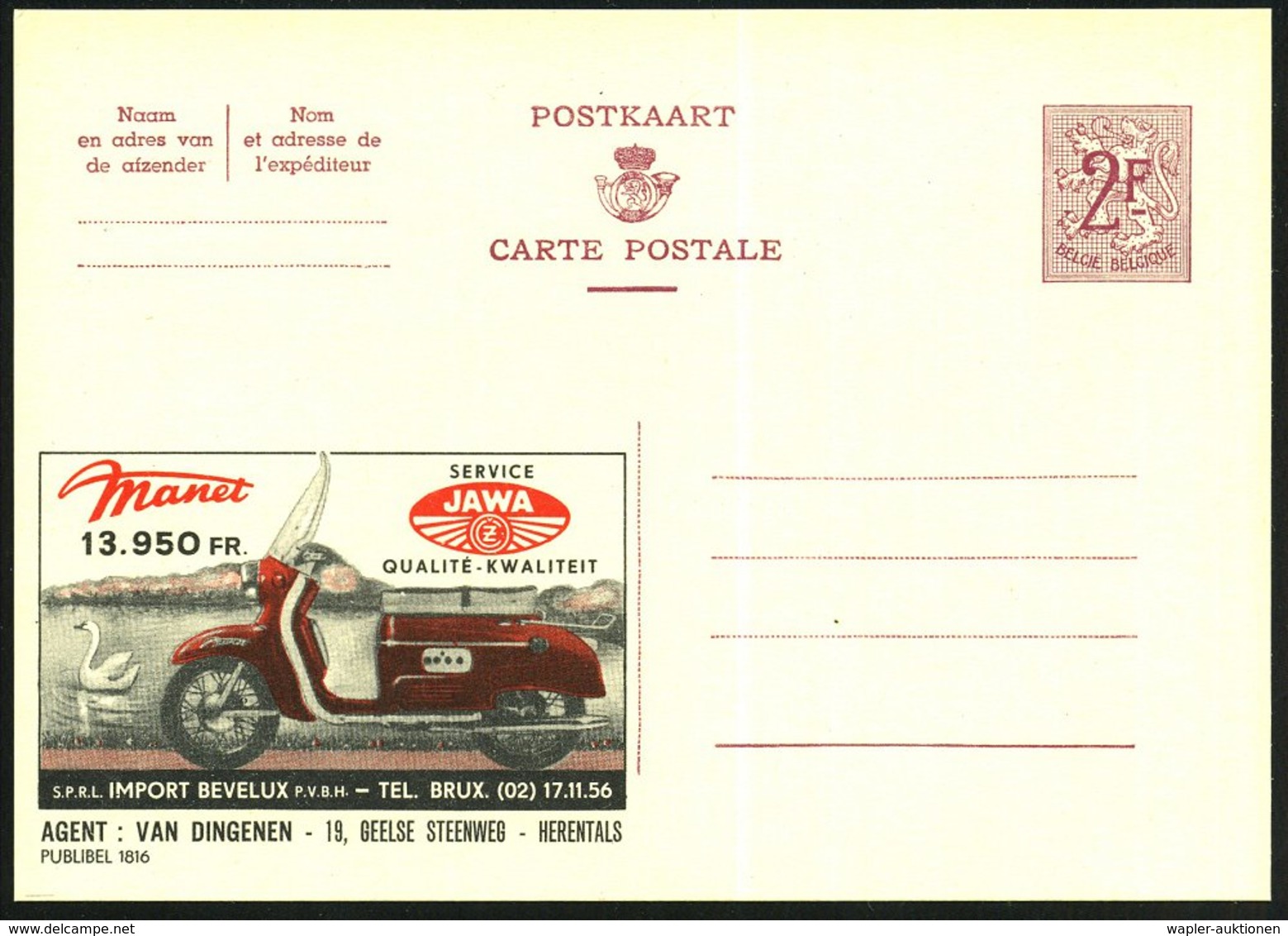 1959 BELGIEN, 2 F. Publibel: Tschechischer JAWA-Motorroller, Agent: Van Dingenen, Herentals, Ungebr. (Mi.P 319 II / 1816 - Sonstige & Ohne Zuordnung