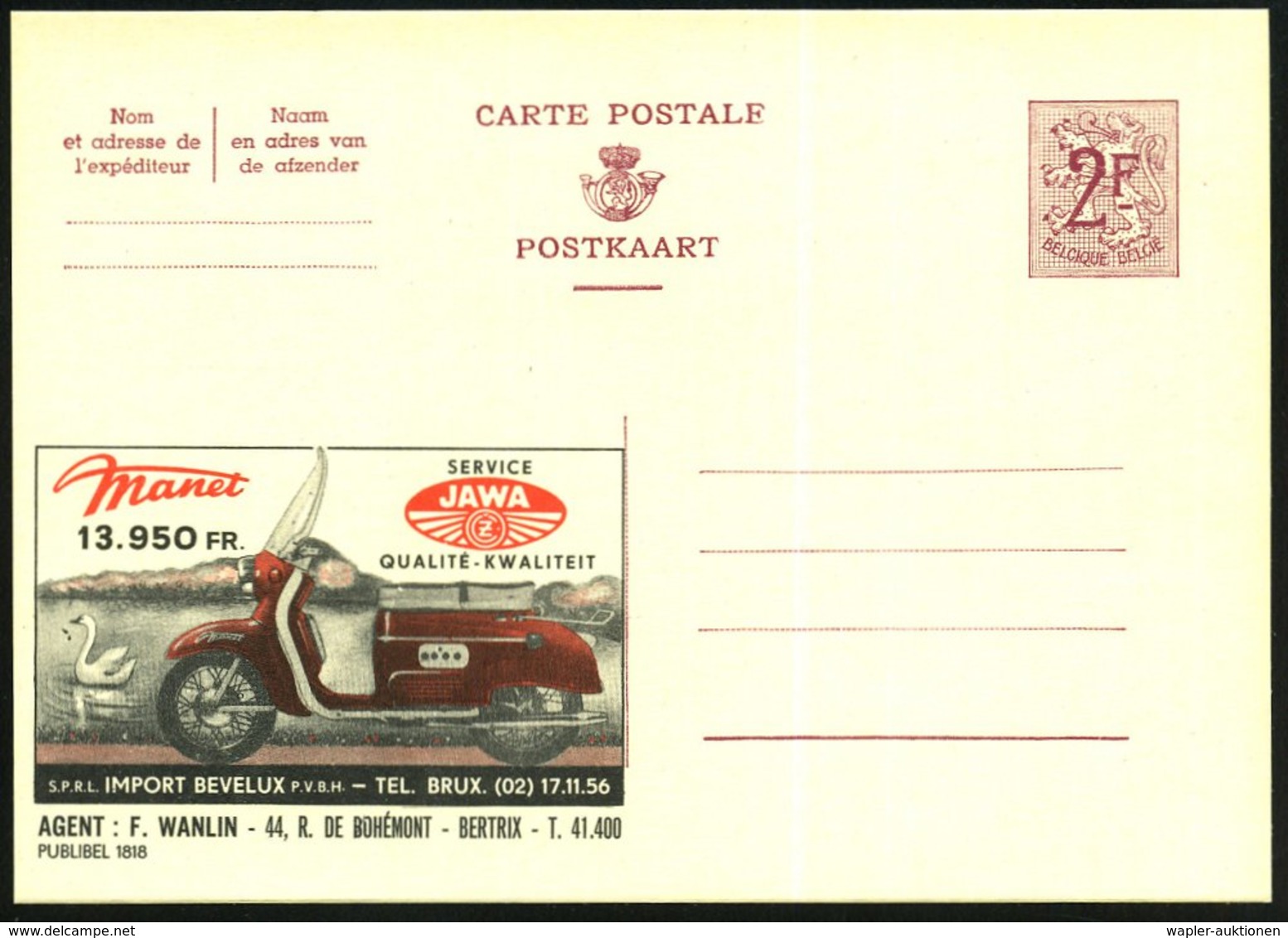 1959 BELGIEN, 2 F. Publibel: Tschechischer JAWA-Motorroller, Agent: F. Wanlin, Bertrix, Ungebr. (Mi.P 319 I / 1818) - Mo - Other & Unclassified