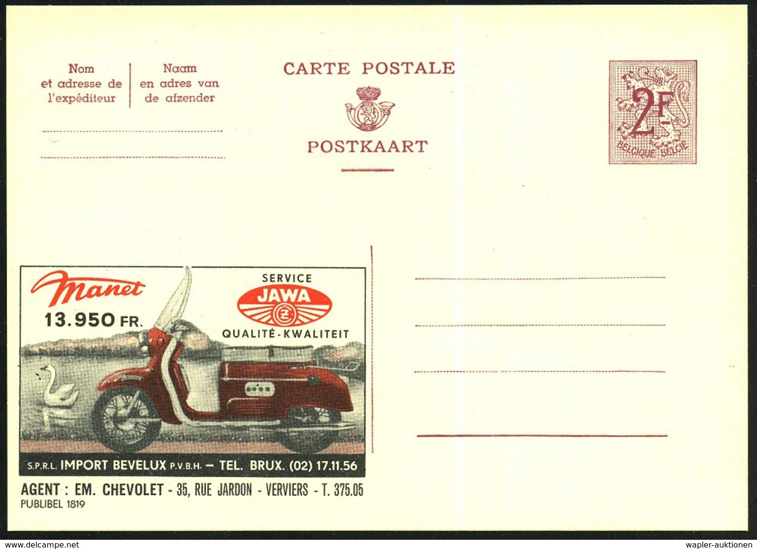 1959 BELGIEN, 2 F. Publibel: Tschechischer JAWA-Motorroller, Agent: Em. Chevolet, Verviers, Ungebr. (Mi.P 319 I / 1819)  - Other & Unclassified