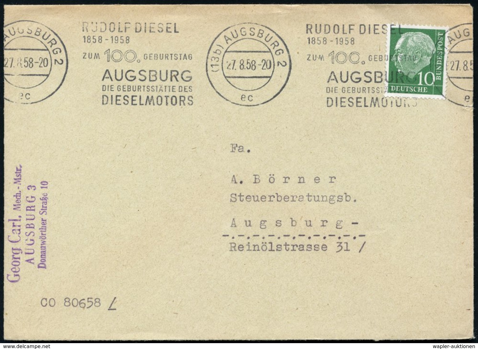 1958 (27.8.) (13 B) AUGSBURG 2, Band-Maschinenwerbestempel Rudolf Diesel (Geburtsstätte Des Dieselmotors), Bedarfsbrief  - Sonstige & Ohne Zuordnung