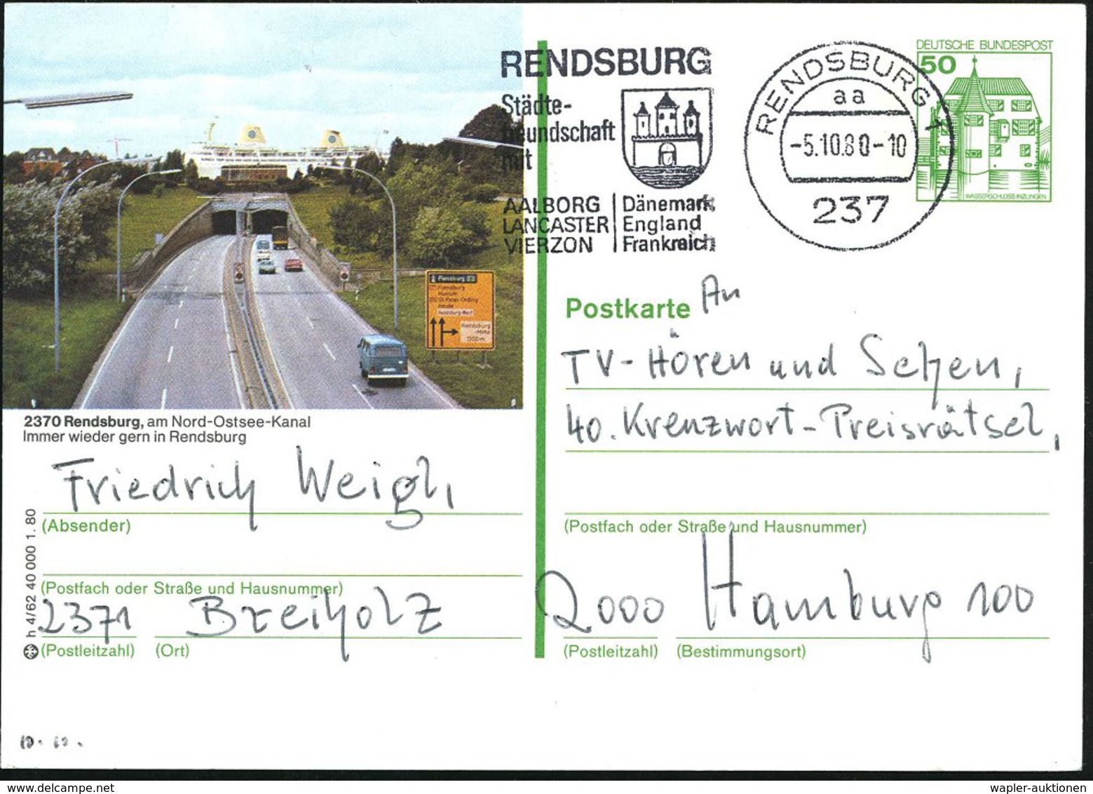 1980 2370 RENDSBURG, 50 Pf. Bildganzsache Burgen: Autobahn U. Nordr-Ostsee-Kanal-Tunnel (mit VW-Bus) + Ortsgleicher Masc - Sonstige & Ohne Zuordnung