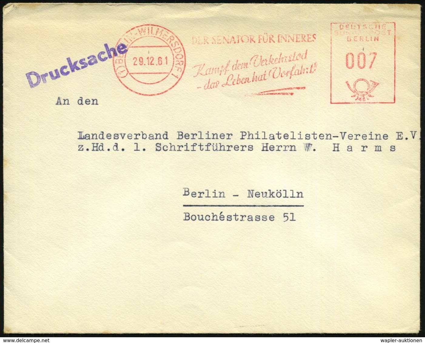1961 (29.12.) (1) BERLIN-WILMERSDORF 1, Absender-FreistempelSenator Für Inneres Mit Unfallverhütungstext, Rs. Abs. DER B - Other & Unclassified