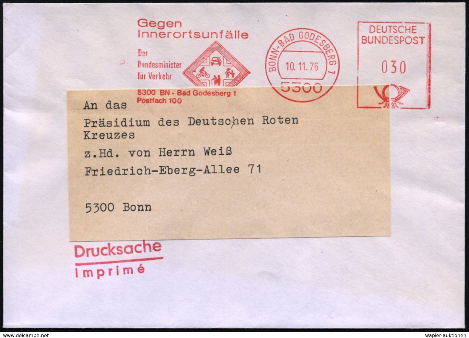 1976 (10.11.) 5300 BONN-BAD GODESBERG 1, Absender-Freistempel Bundesminister Für Verkehr "Gegen Innerortunfälle" (rs. Ab - Altri & Non Classificati