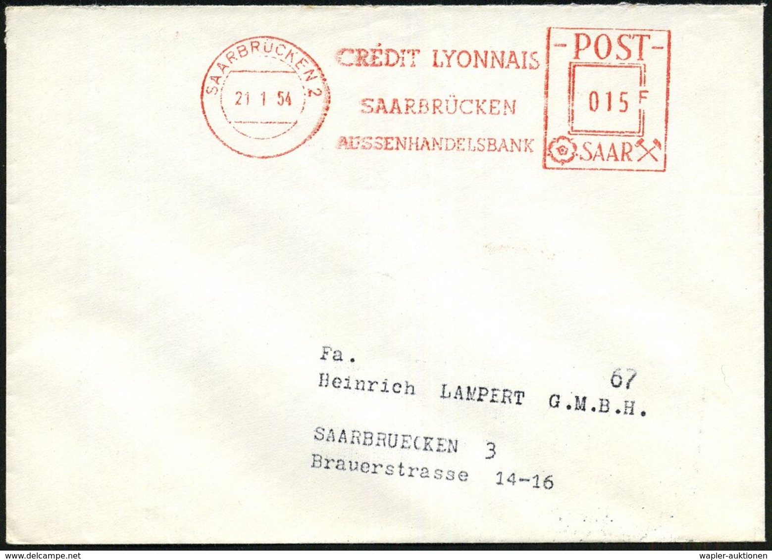 1954 (21.1.) SAARBRÜCKEN 2, Absender-Freistempel Postalia Typ Post Saar, Ortsbrief - Bank & Geld / Bank & Money / Banque - Other & Unclassified