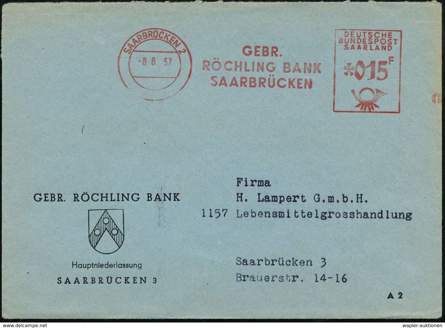 1957 (8.8.) SAARBRÜCKEN 2, Absender-Freistempel Francotyp Typ Post Saar, Ortsbrief - Bank & Geld / Bank & Money / Banque - Other & Unclassified