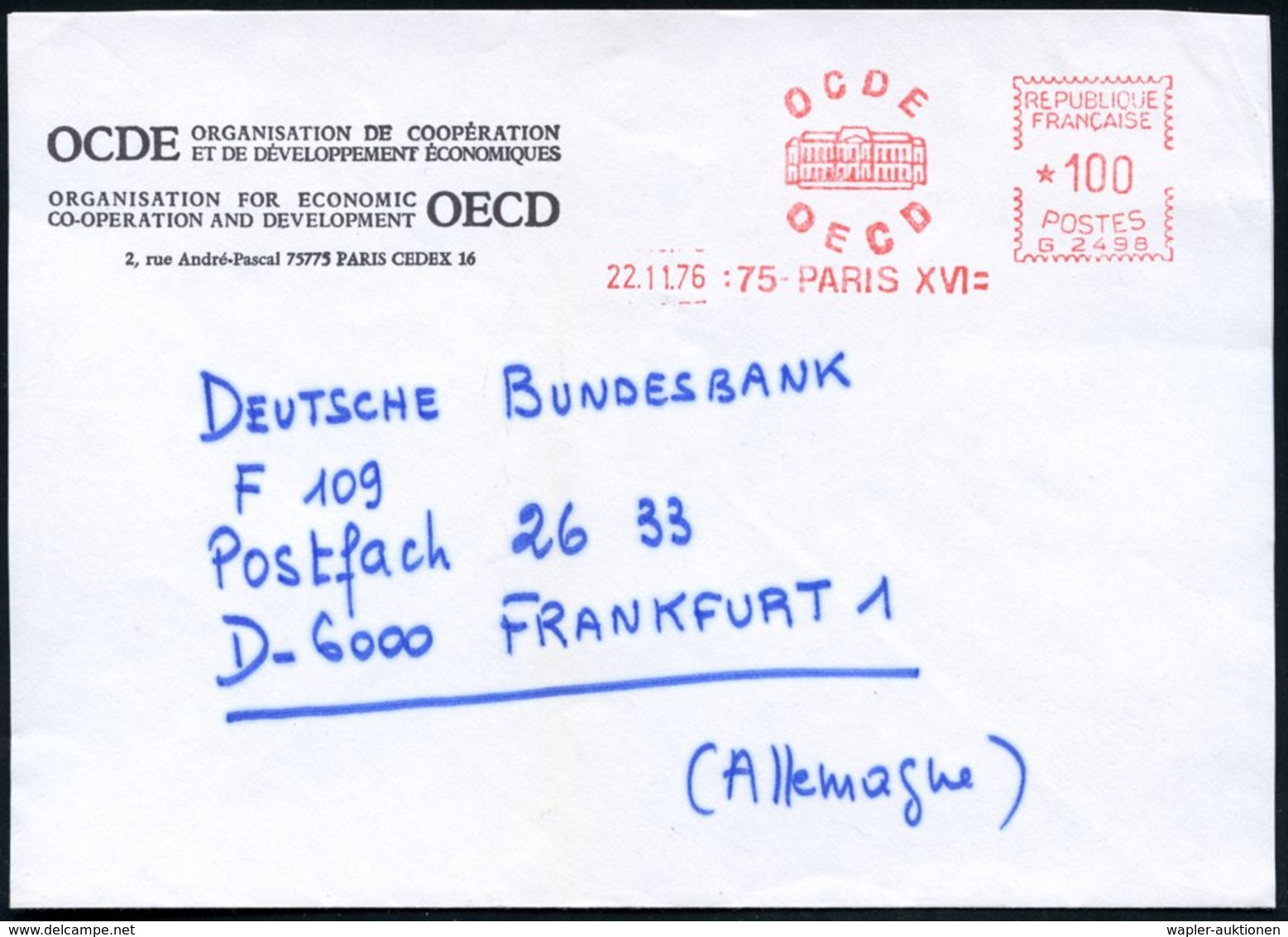 1976 (22.11.) FRANKREICH, Absender-Freistempel PARIS XVI OECD/ OCDE = Internat. Welthandel- U. Wirtschafts-Organisation, - Other & Unclassified