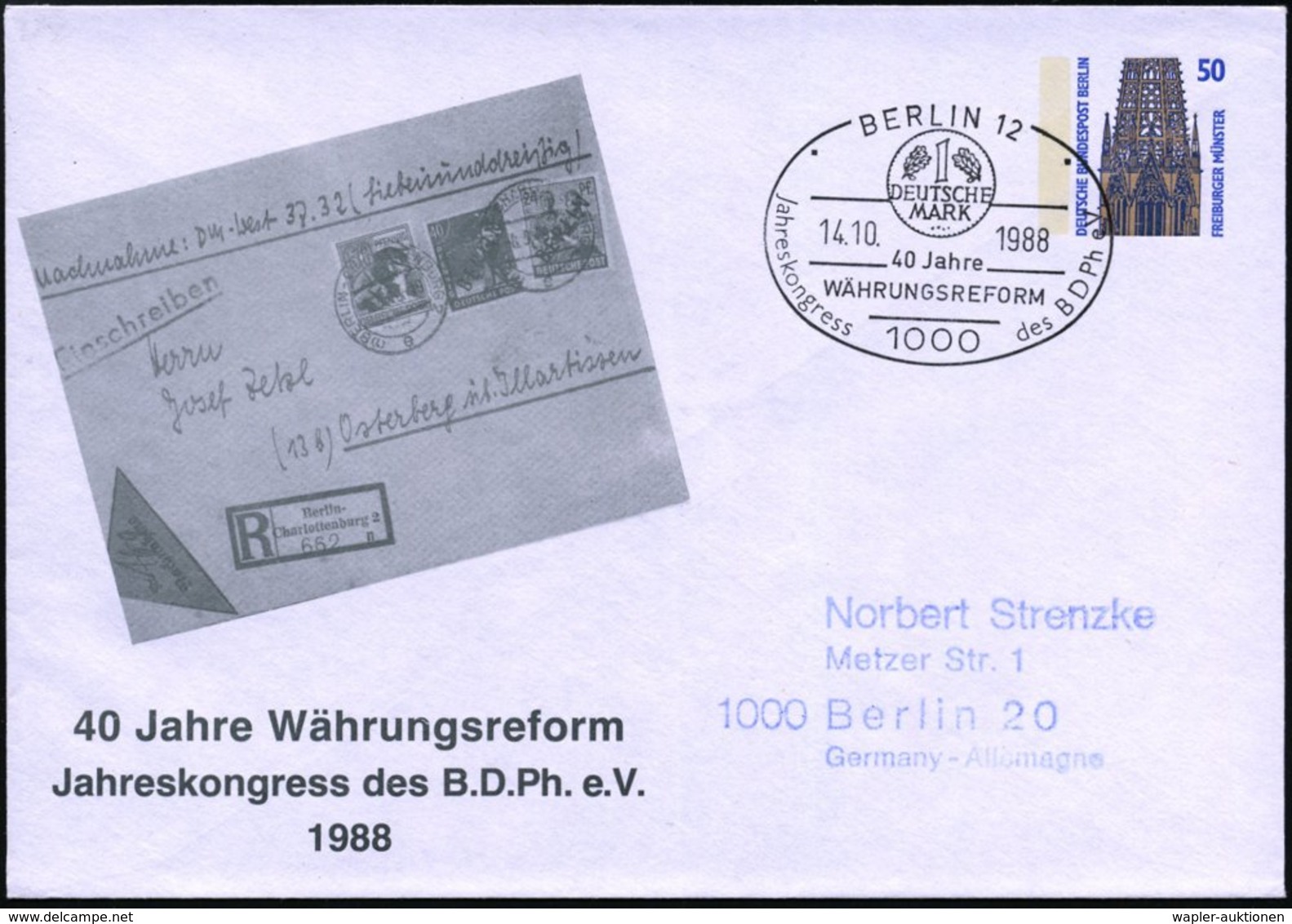 1988 (14.10.) 1000 BERLIN 12, Sonderstempel "40 Jahre Währungsreform" = 1.- DM-Münze Auf Passender PU 50 Pf. Bauwerke: 1 - Altri & Non Classificati