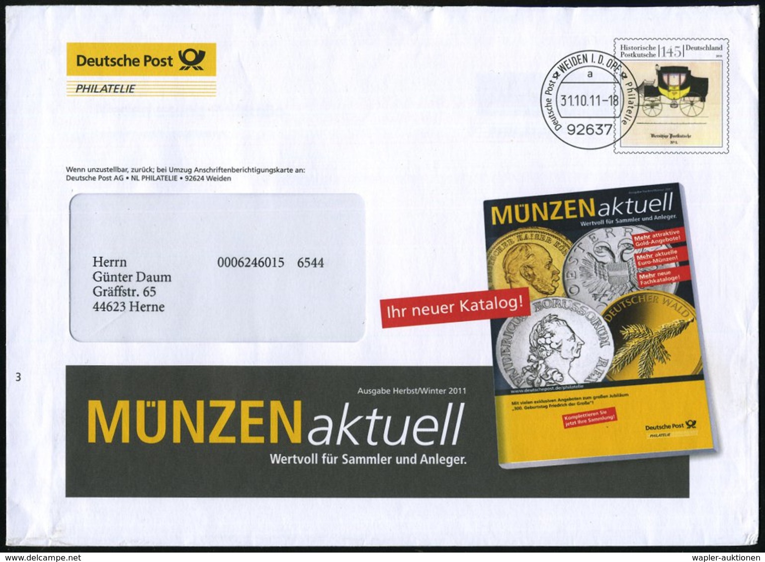 2008 92637 WEIDEN OPF., Postdienst-Ganzsachenumschlag 145 C. Histor. Postkutsche: Magazin MÜNZEN Aktuell Mit Histor. Mün - Other & Unclassified