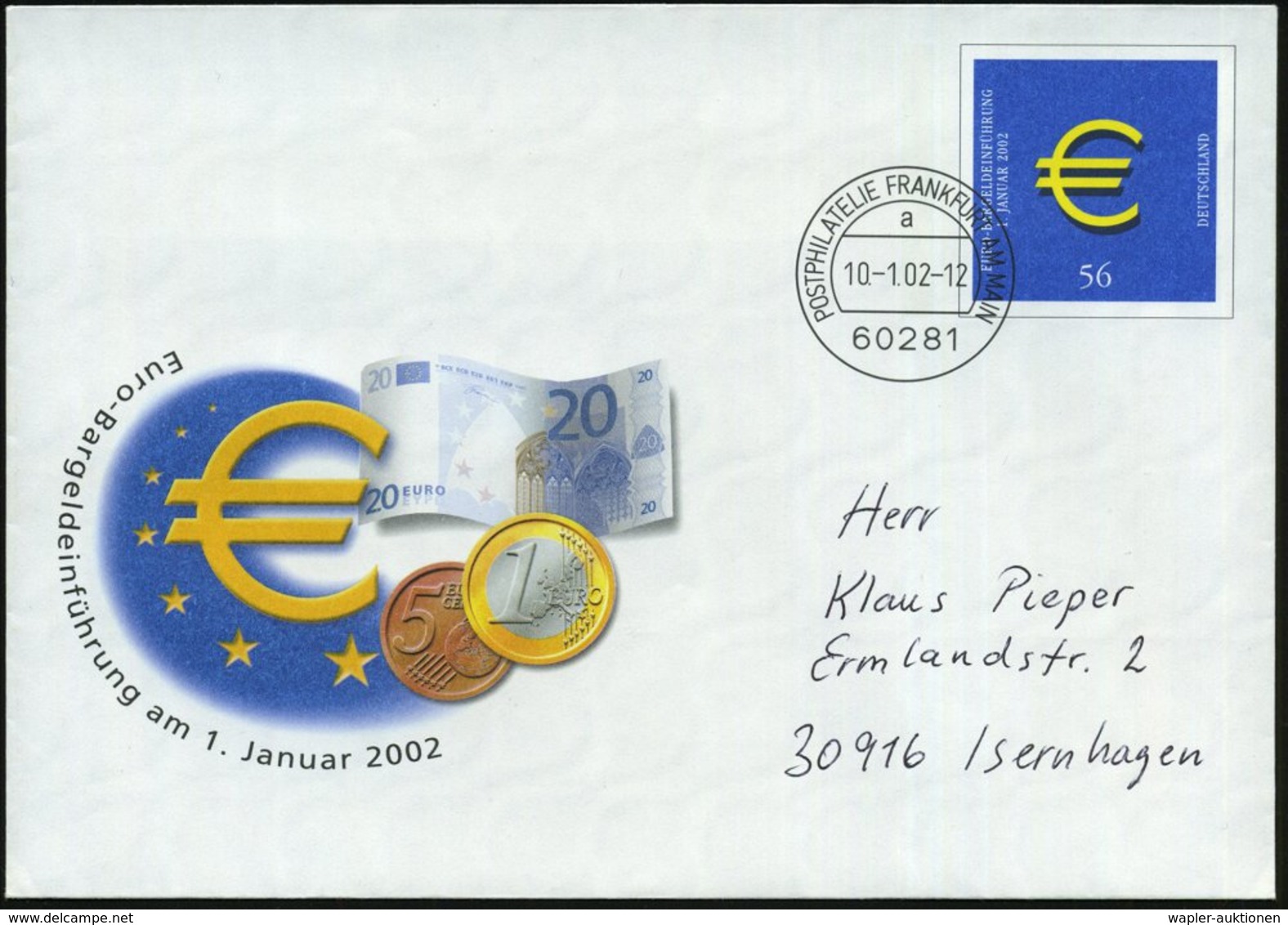 2002 (Jan.) B.R.D. 56 Cent Sonder-Ganzsachenumschlag "Einführung Des Euro Am 1.1.2002" (Münzen U. Geldschein 20.- ?) 1x  - Autres & Non Classés