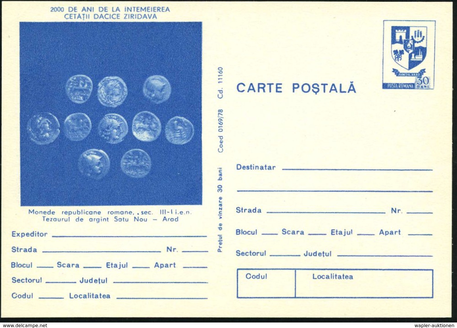 1978 RUMÄNIEN, 30 B. Bildganzsache Arad: Römische Silbermünzen 3. Bis 1. Jhdt. (aus Arad), Ungebr. (Mi.P 814) - Numismat - Other & Unclassified