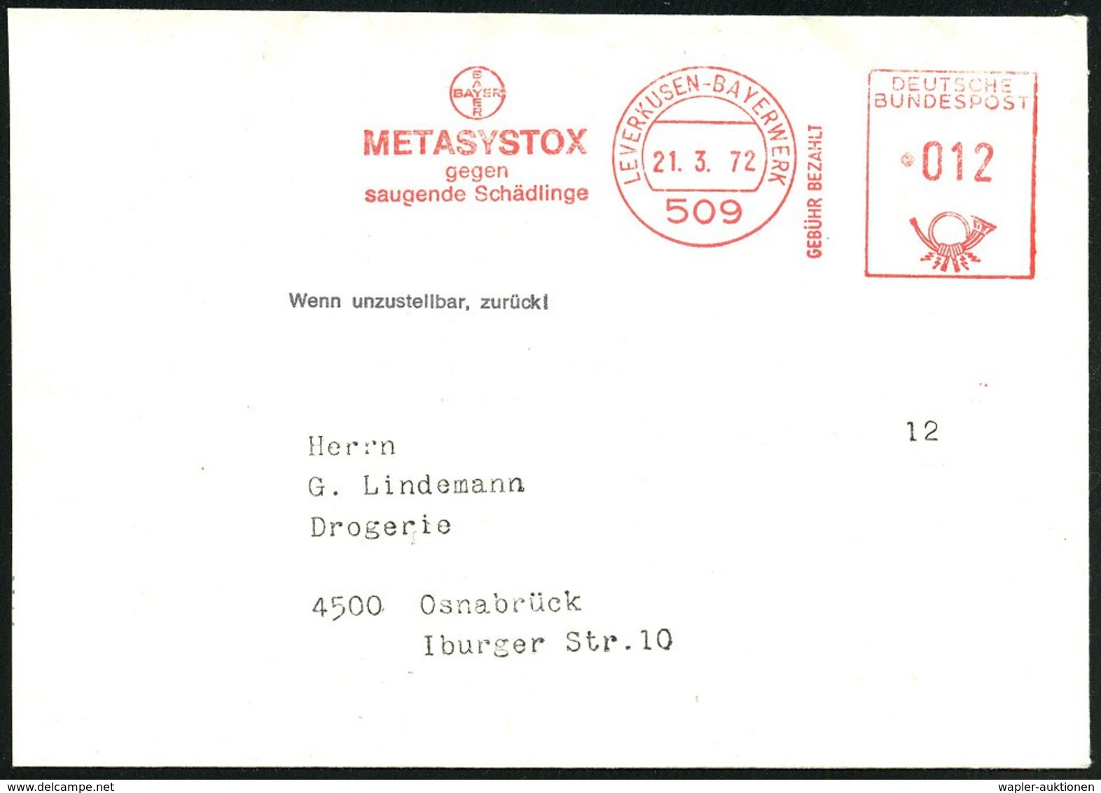 1972 (21.3.) 509 LEVERKUSEN-BAYERWERK, Absender-Freistempel  METASYSTOX GEGEN Schädlingen (= Hauspostamt!) Firmen-Teil-B - Autres & Non Classés