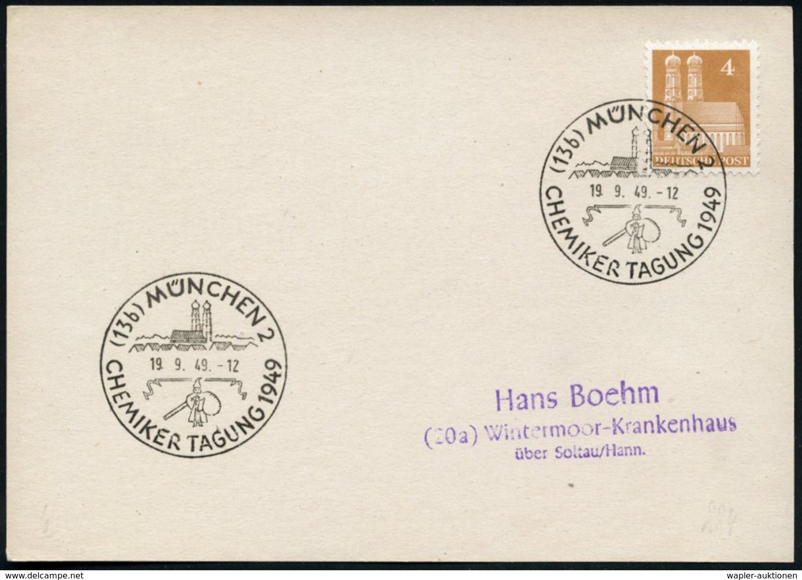 1949 (19.9.) (13 B) MÜNCHEN 2, Sonderstempel Mit Frauenkirche, Münchner Kindl Und Glaskolben, Inl.-Karte (Bo.224) - Chem - Autres & Non Classés