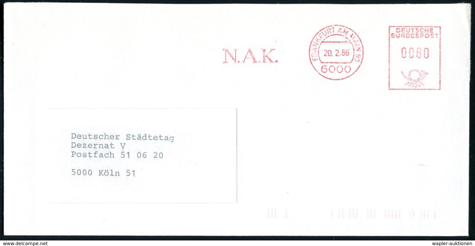 1986 (20.2.) 6000 FRANKFURT AM MAIN 90, Absender-Freistempel; N. A. K. = Neuapostloische Kirche, Rs. Abs.-Vordruck, Selt - Other & Unclassified