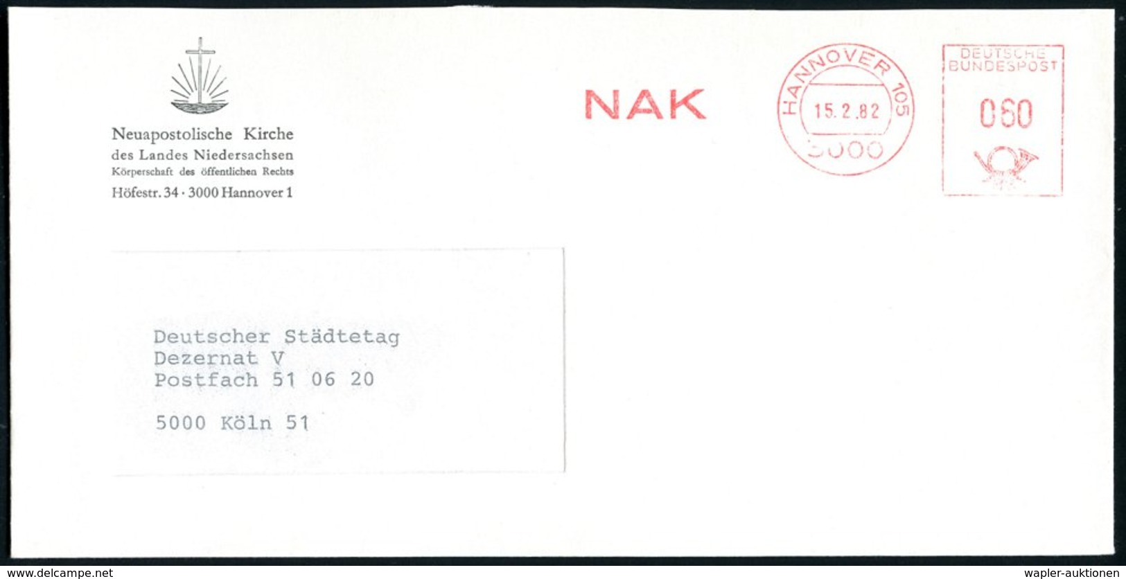 1982 3000 HANNOVER 105, Absender-Freistempel N A K = N(eu) A(postloische) K(irche), Vordruckbrief Mit Kreuzsymbol - Chri - Sonstige & Ohne Zuordnung
