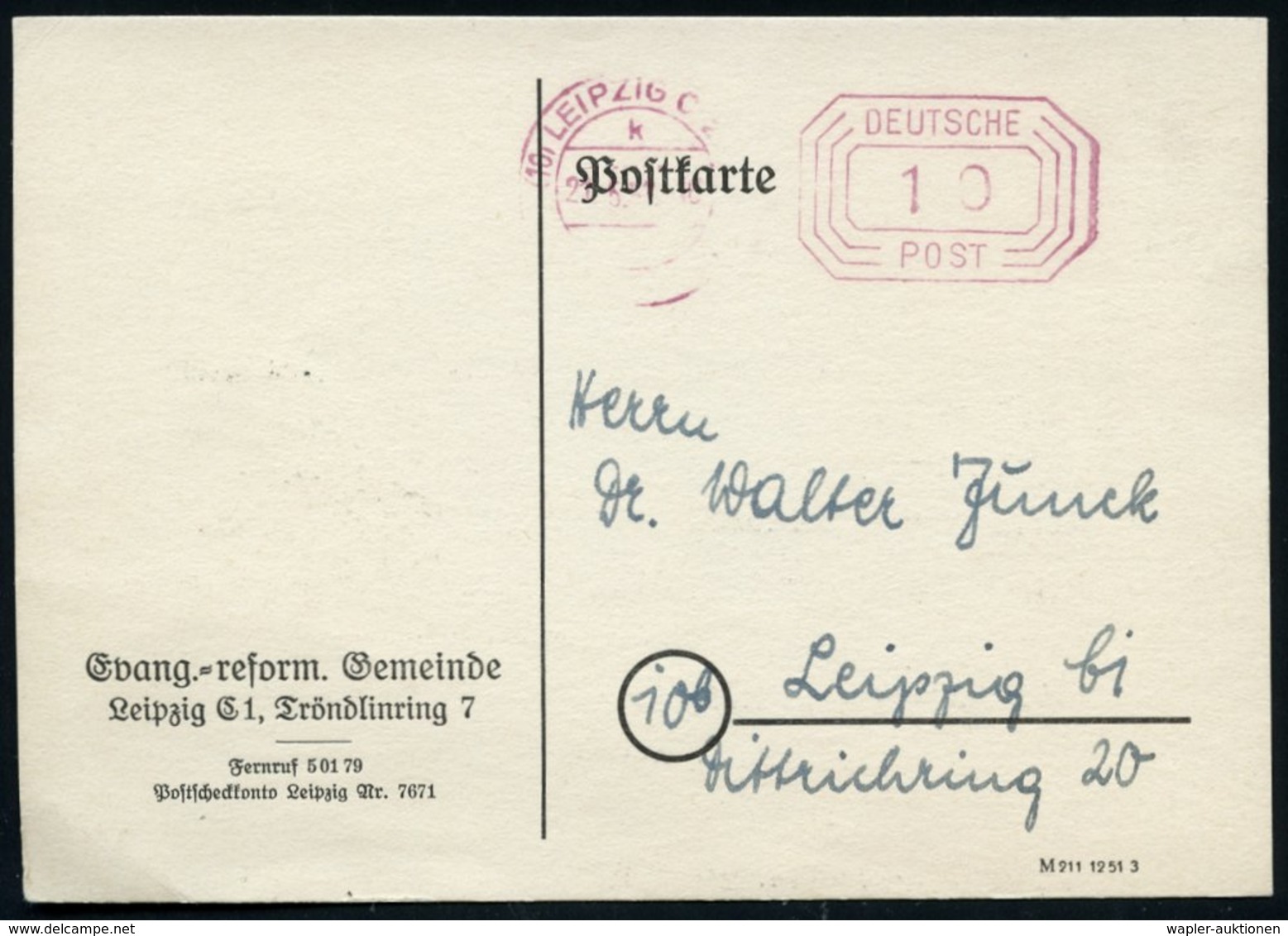 1951 (21.5.) (10 LEIPZIG C 2, Post-Freistempel Auf Ortskarte: Evang.-reform. Gemeinde - Christentum & Christliche Themat - Sonstige & Ohne Zuordnung