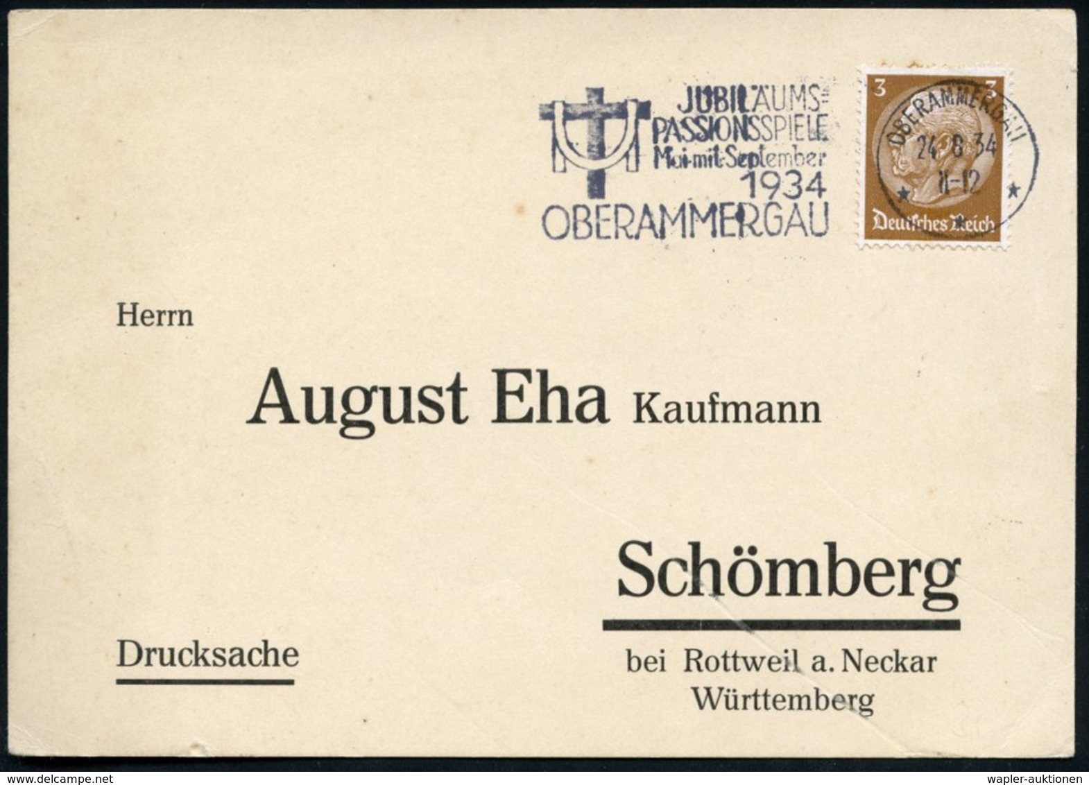 1934 (24.8.) OBERAMMERGAU, Maschinen-Weerbestempel Jubiläums-Passionsspiel (Kreuz Mit Schweißtuch), Inl.-Karte (Bo.5 A)  - Other & Unclassified